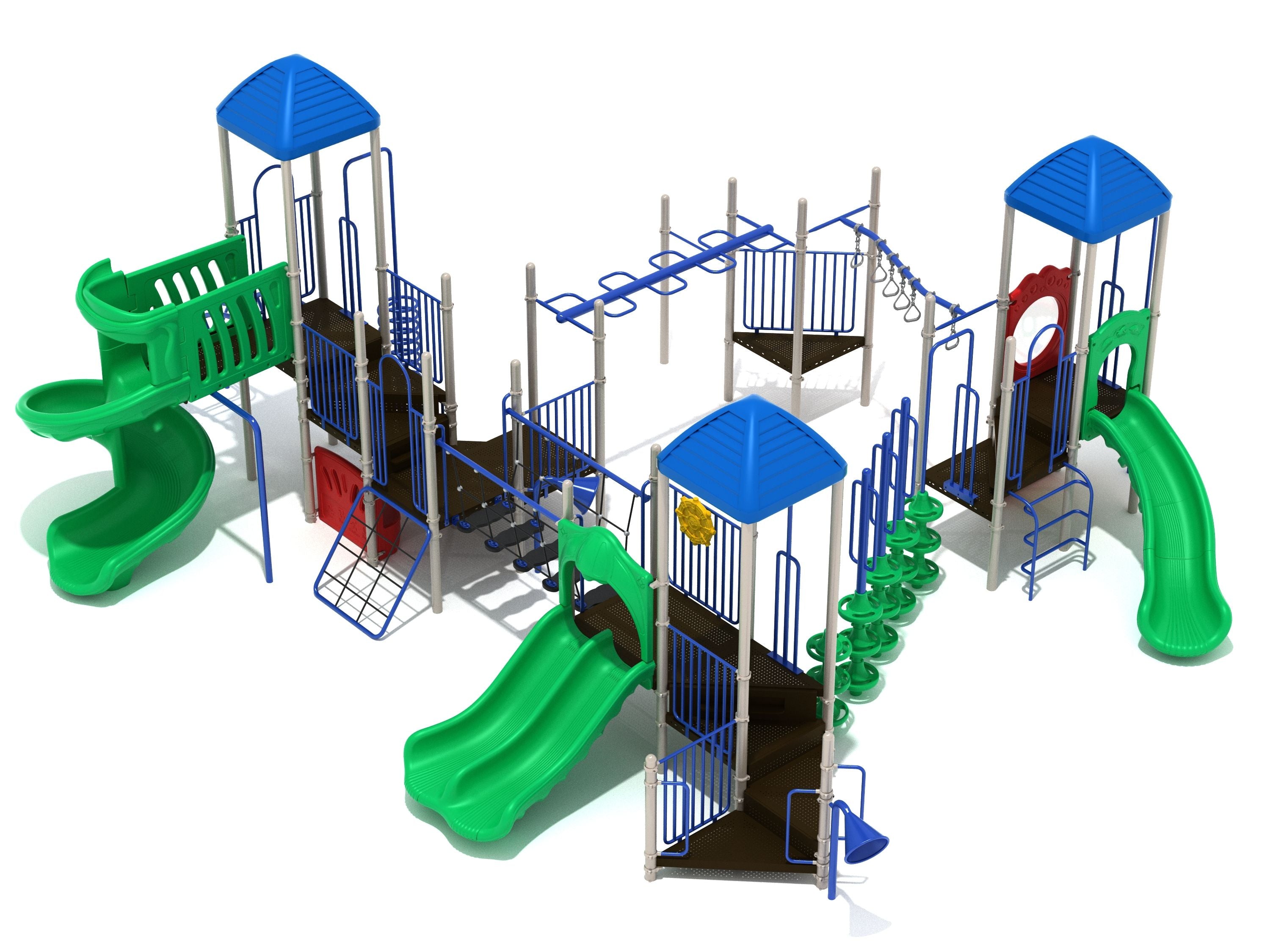 Cottonwood Playground large play system with blue roofs, green slides, climbing structures, activity panels, and connected play zones
