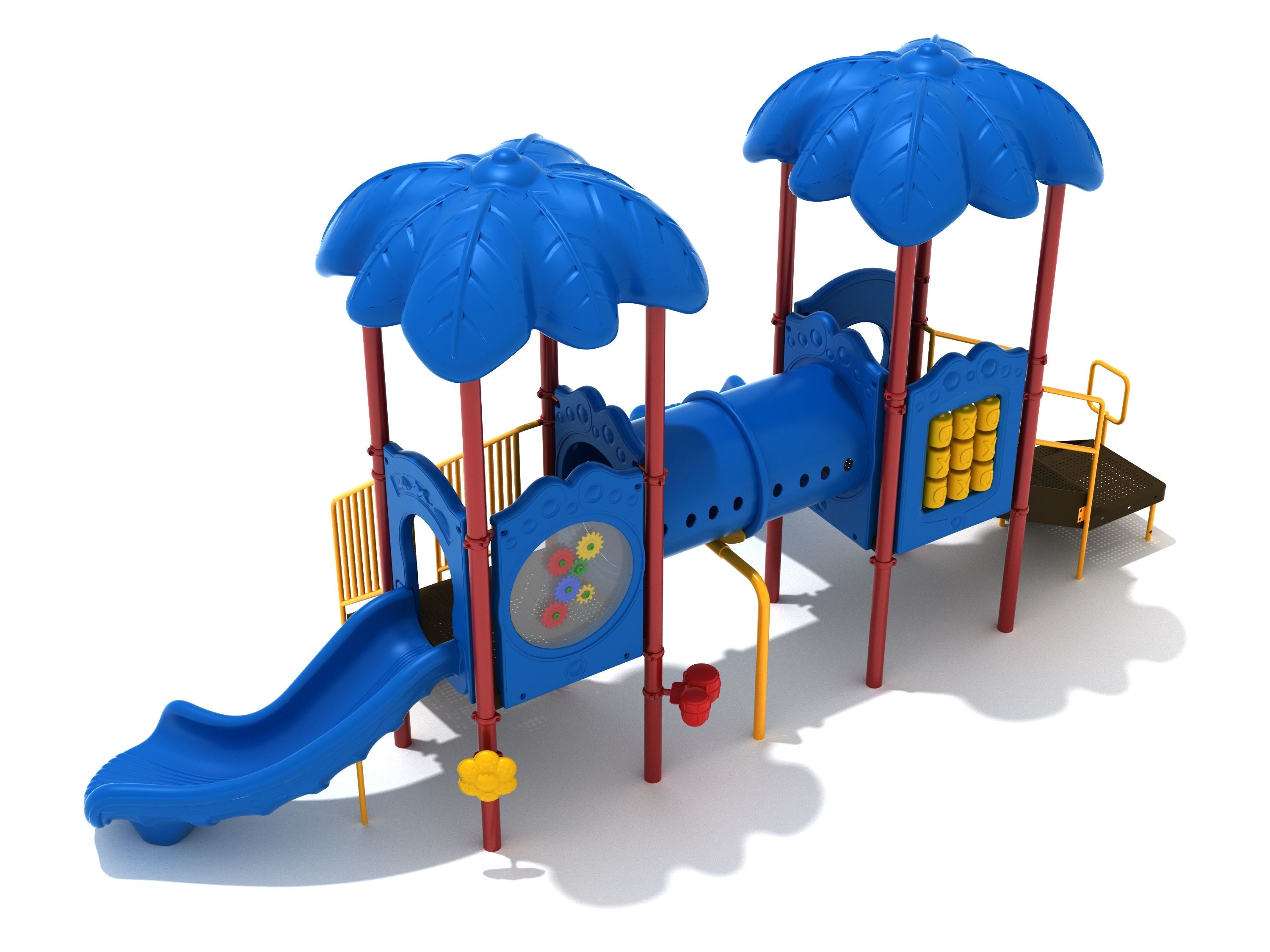 Blue and red playground structure with two palm-frond canopies, tube bridge, slides, and interactive gear and tic-tac-toe panels