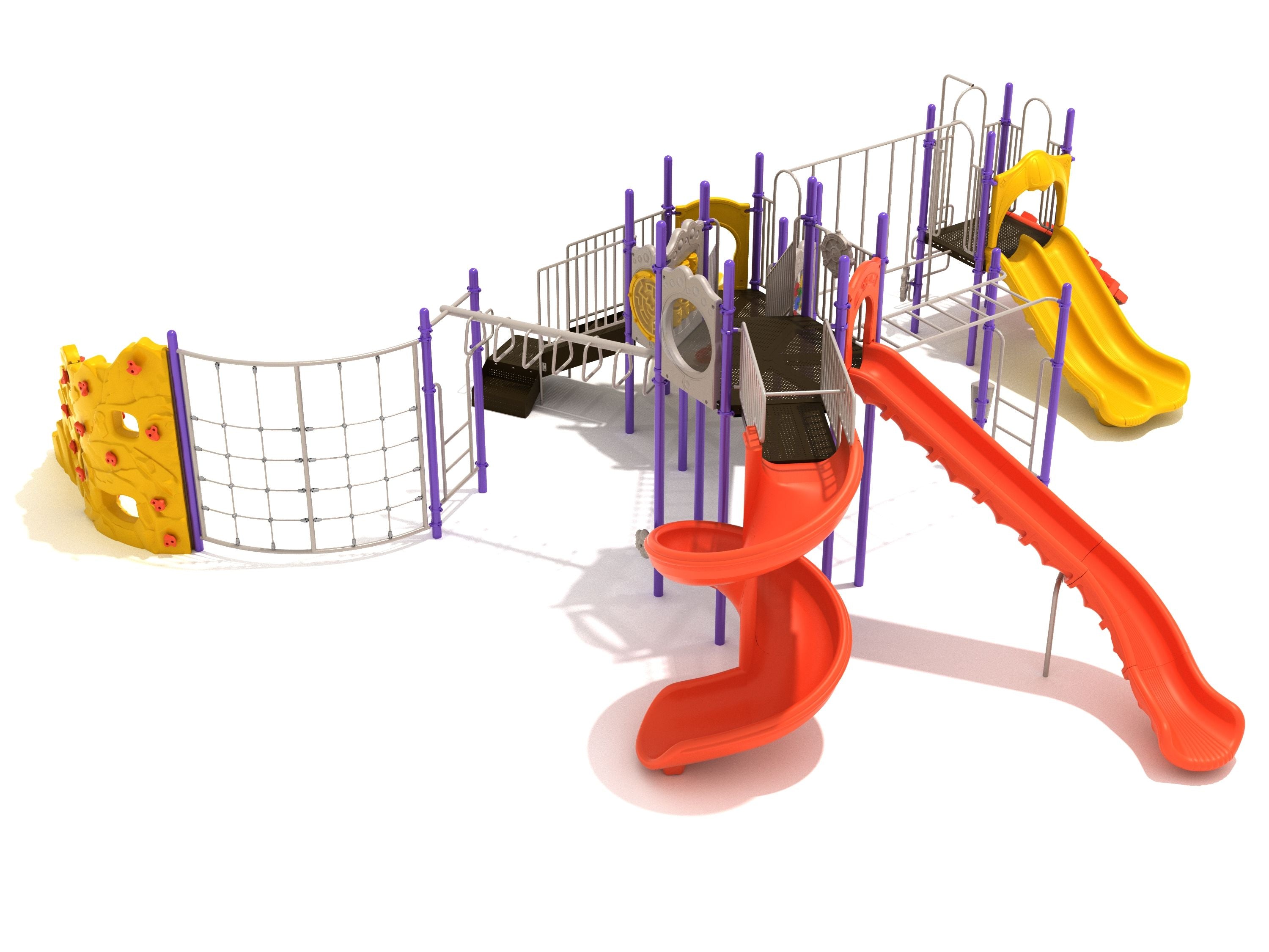 Colorful large playground with spiral and double slides, climbing nets, rock wall, ladder bridge, and multiple climbers