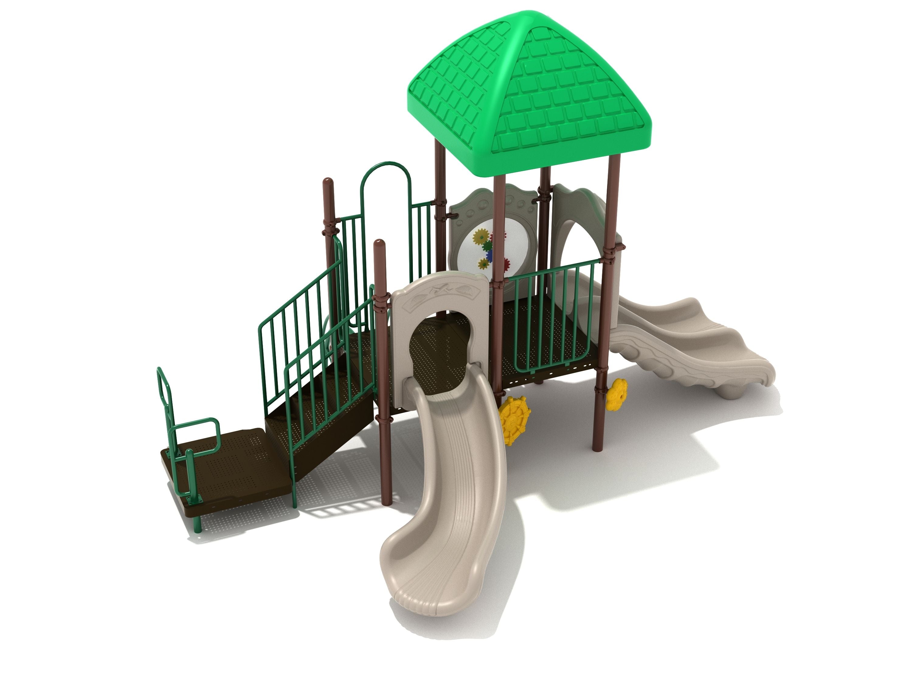 Playground structure with green square roof, beige single and double slides, brown climbing ramp, and colorful gear panel.