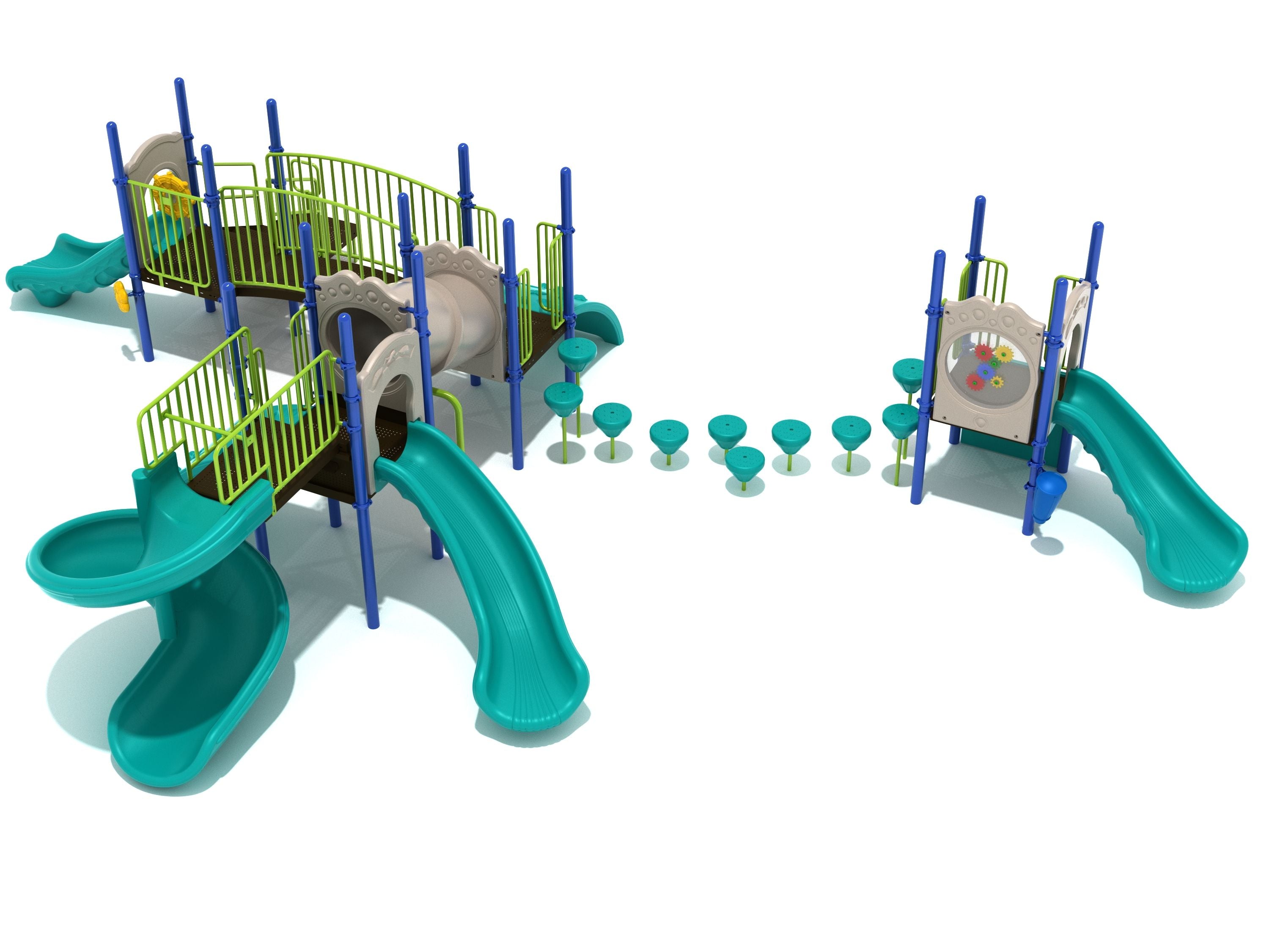 Large playground structure with multiple slides, climbing steps, tube bridge, gear panel, and drum activity panels