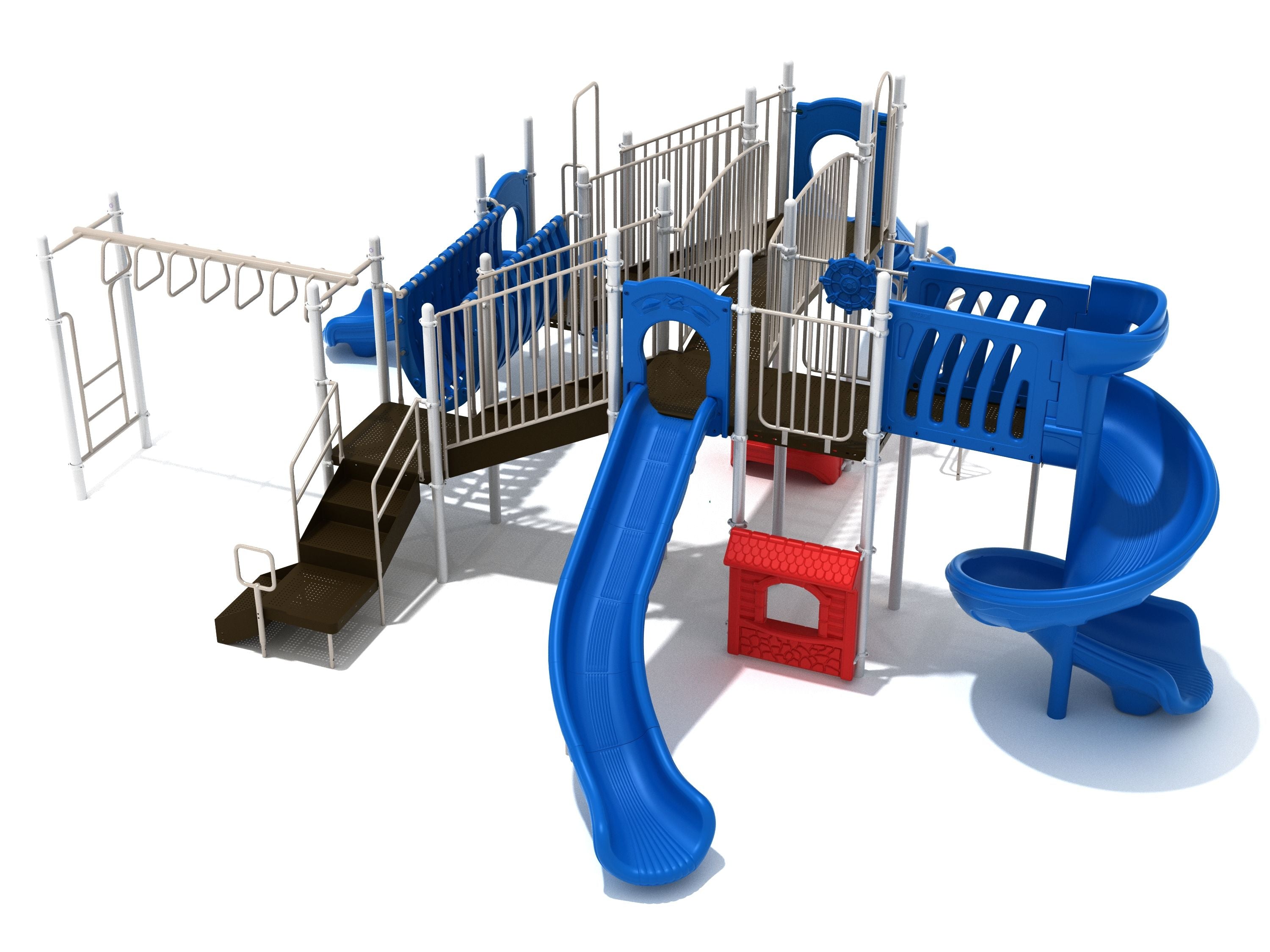 Commercial outdoor play structure with multi-level decks, bridges, monkey bars, straight and spiral slides in blue and white.