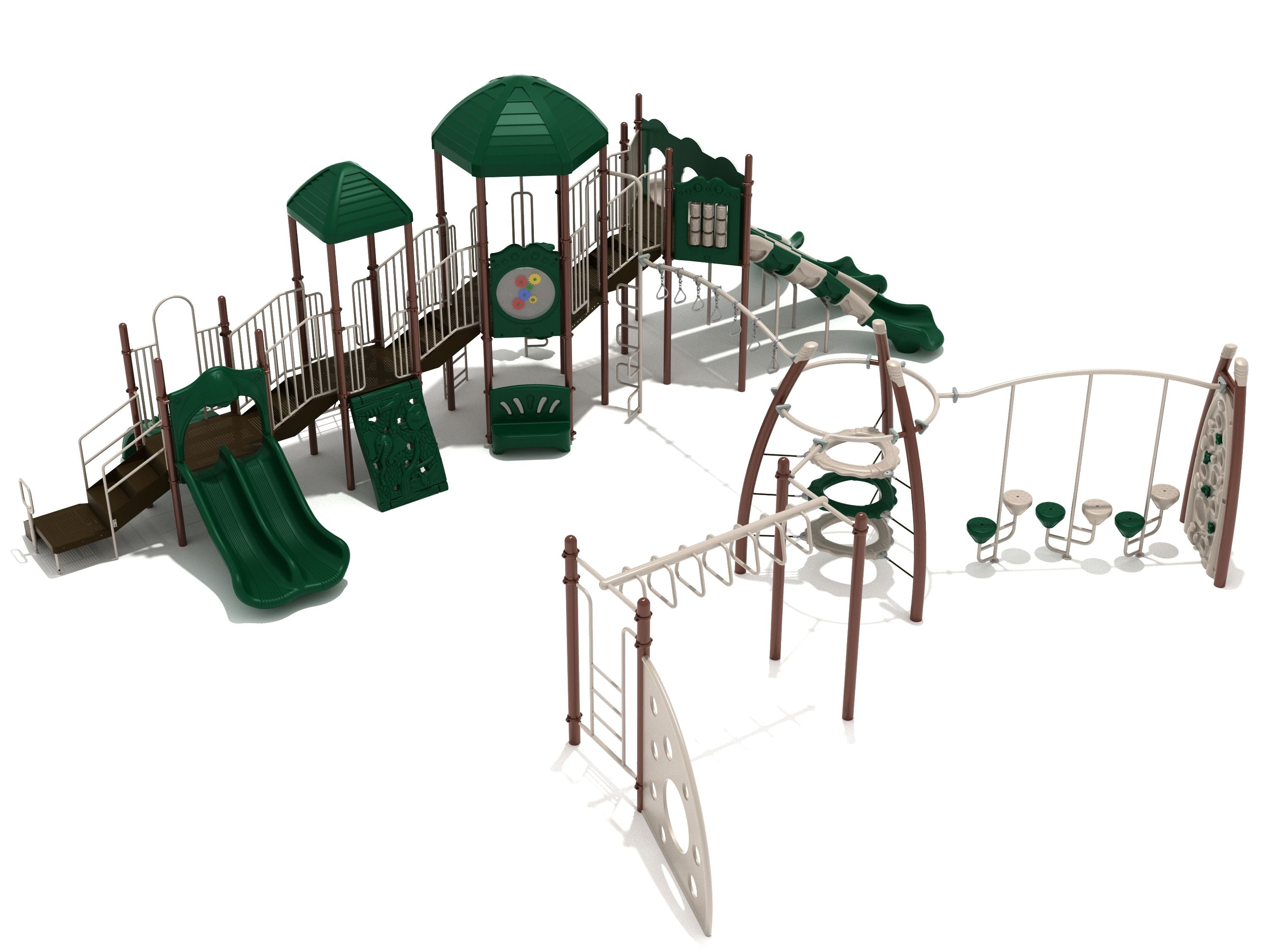 Large outdoor playground with multiple green slides, climbing panels, overhead ladders, and interactive activity panels