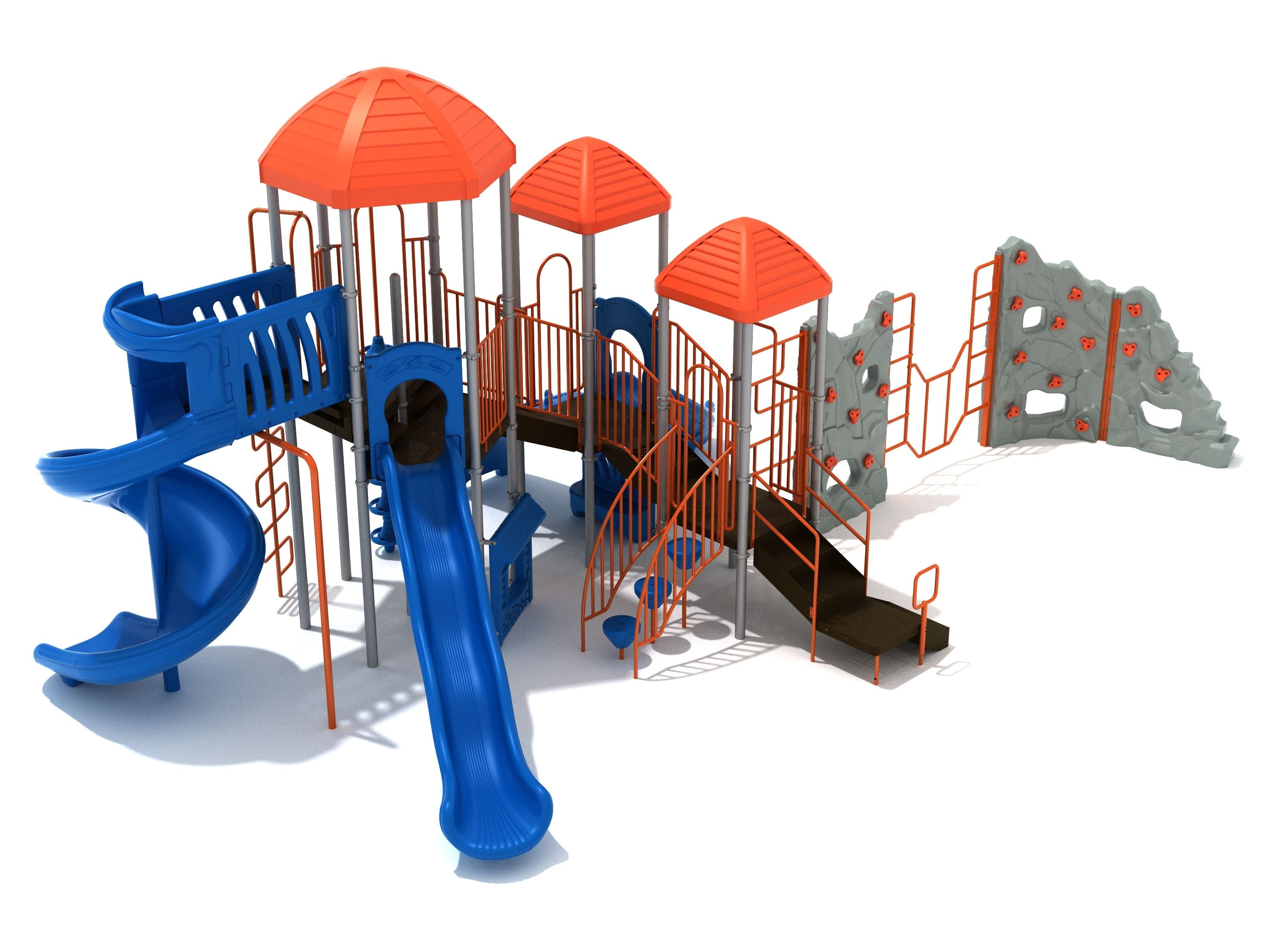 Colorful playground structure with three slides, climbing walls, pebble and sea creature climbers, and multiple platforms with orange roofs and blue accents
