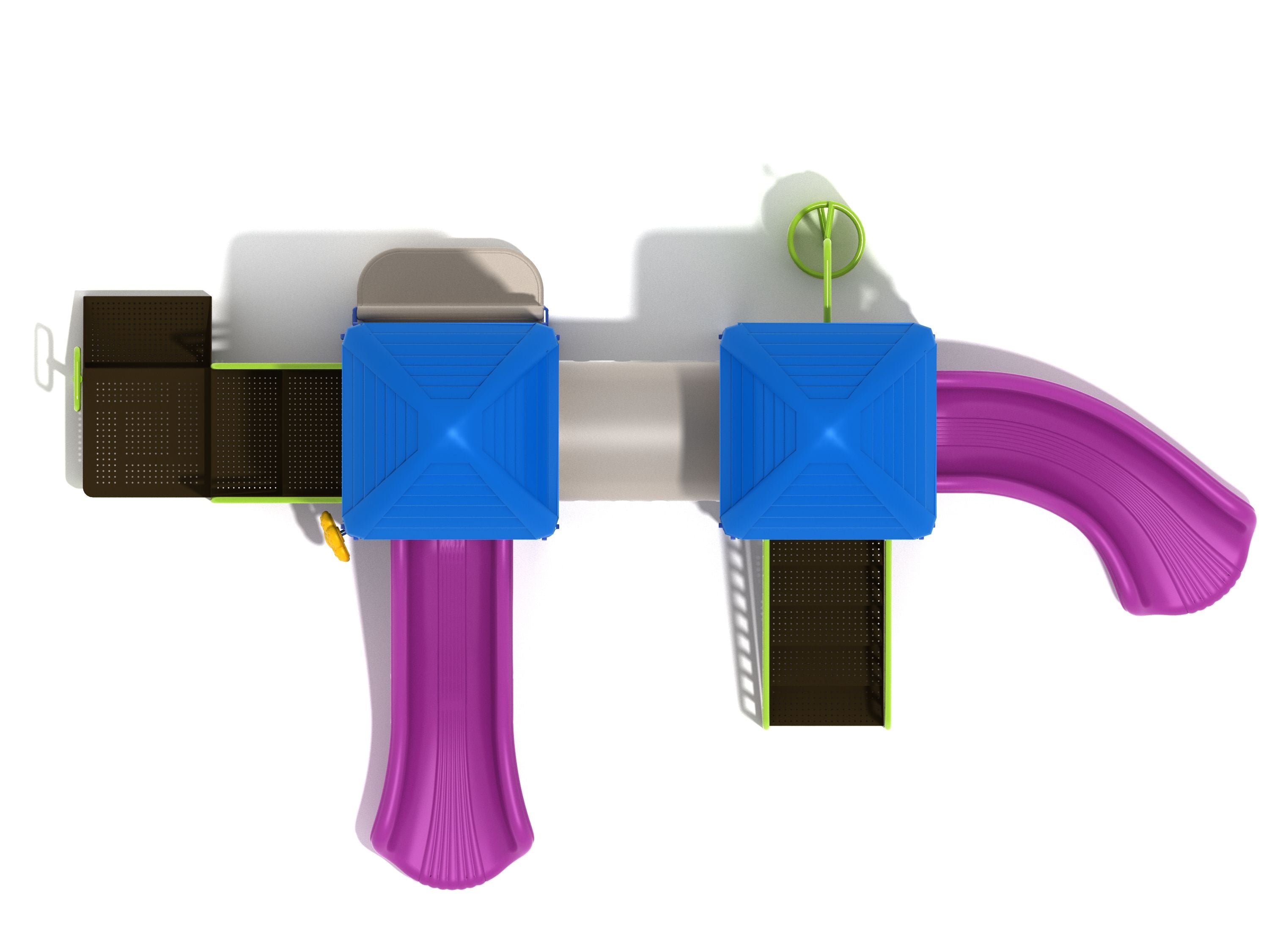 Overhead view of colorful playground with two blue roofs, purple slides, green climbing elements, spiral climber, and tube bridge.