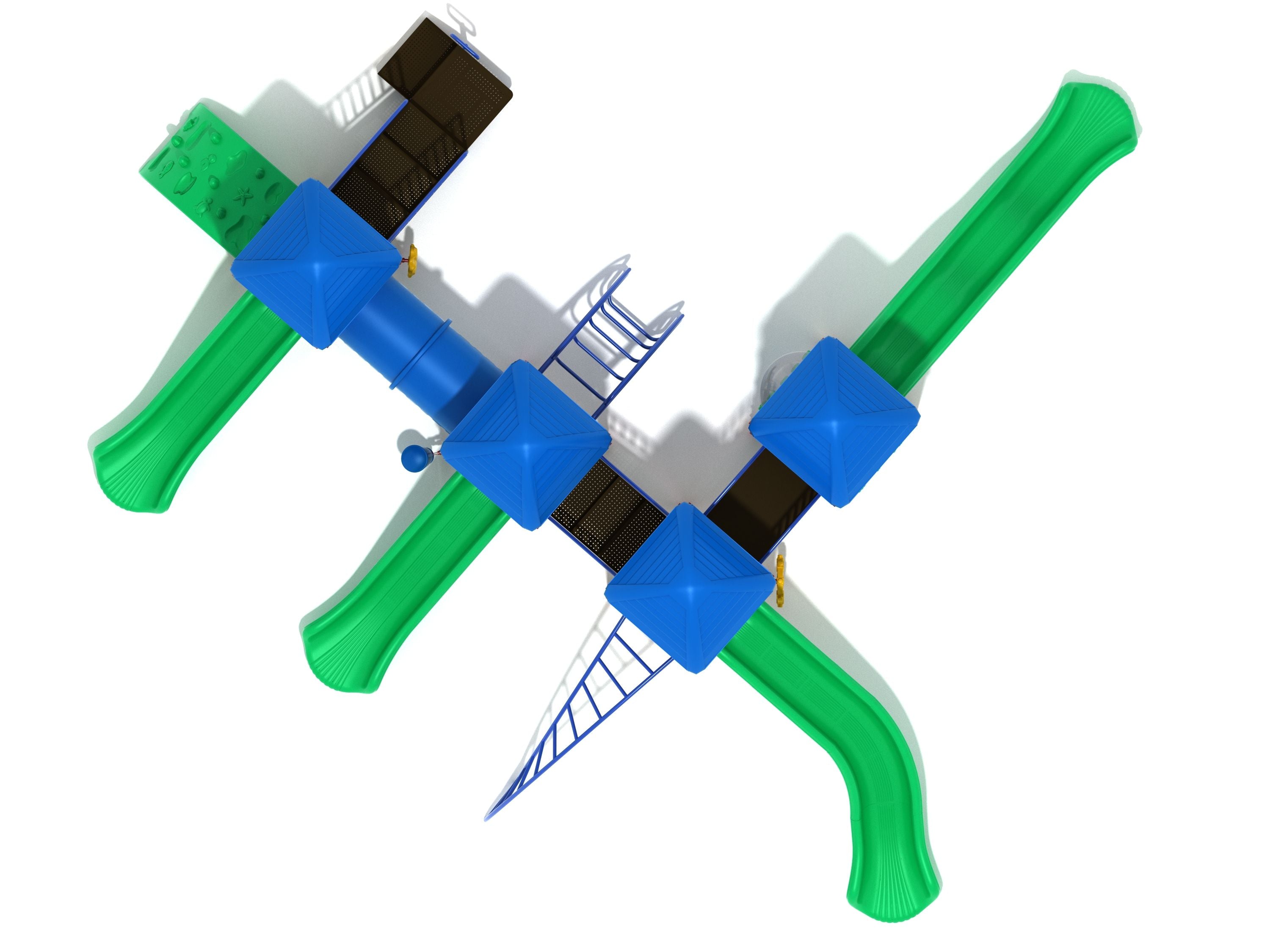 Overhead view of large playground structure with four blue roofs, green slides, tube bridge, and climbing ladders
