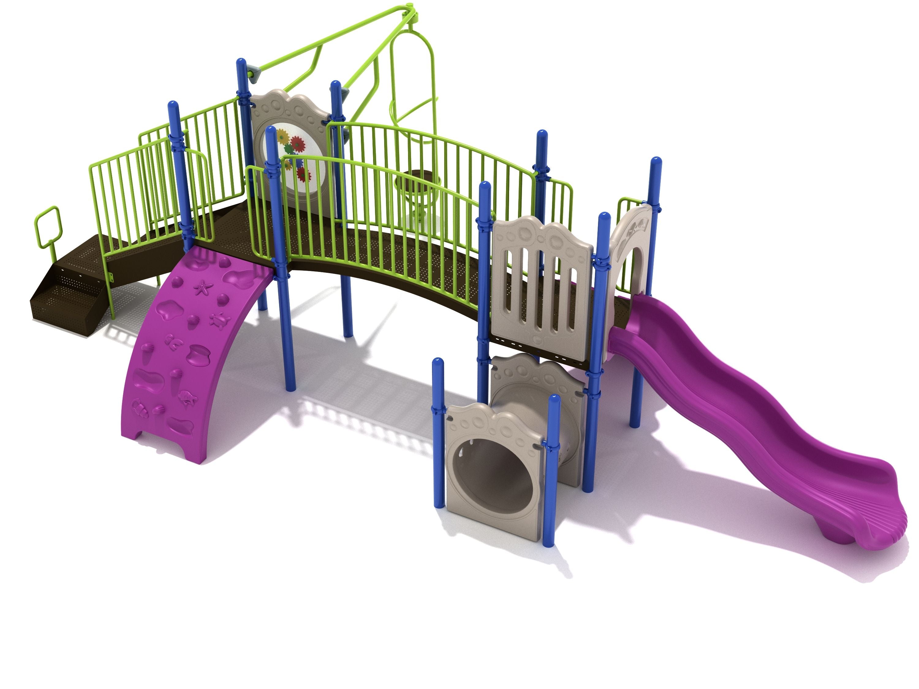 Colorful playground structure with purple wave slide, climbing wall, crawl tube, green railings, and interactive panels