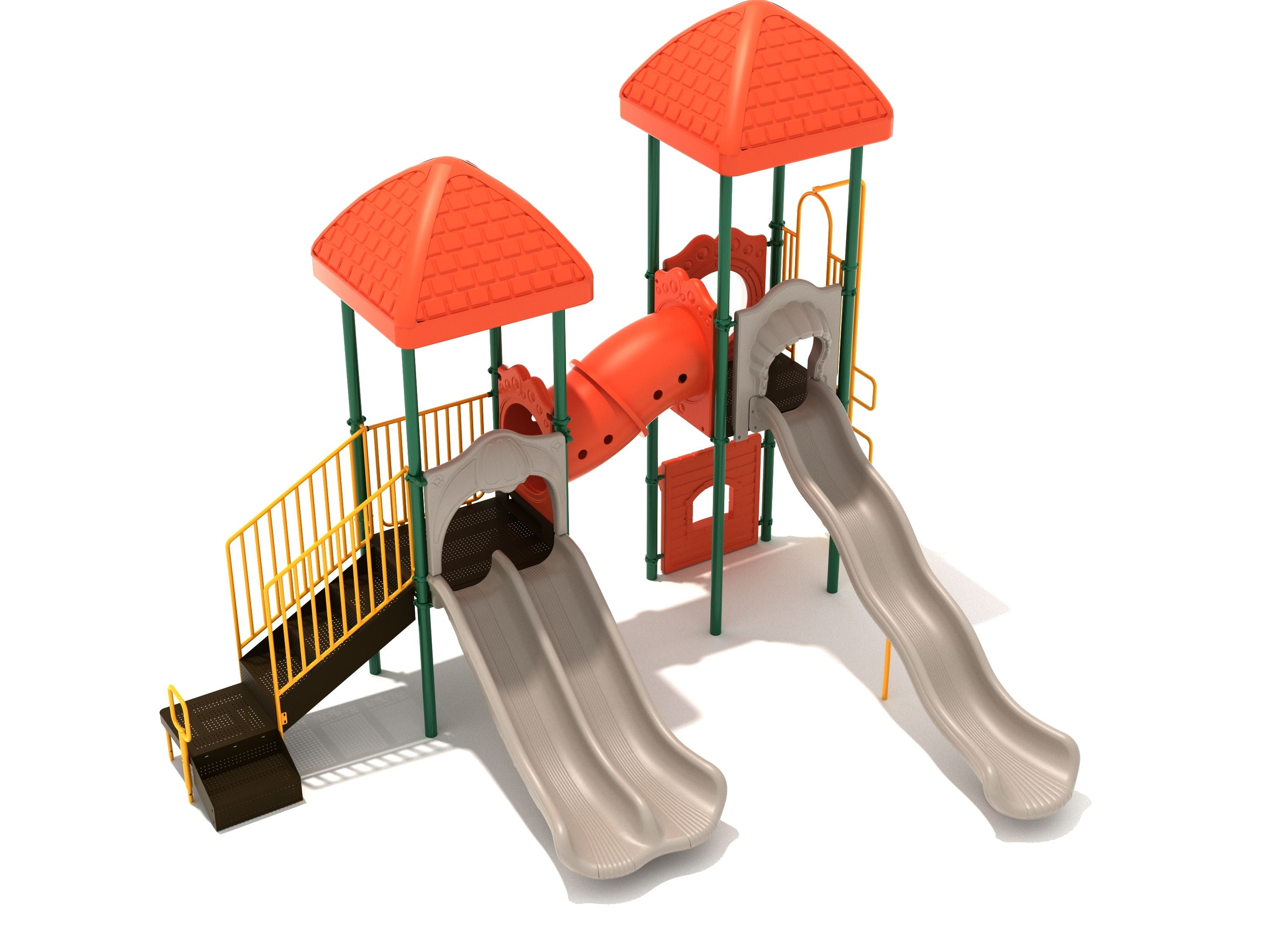 Billings Playground with two towers connected by an incline tube bridge, orange roofs, double slide, wave slide, yellow railings, and play panels