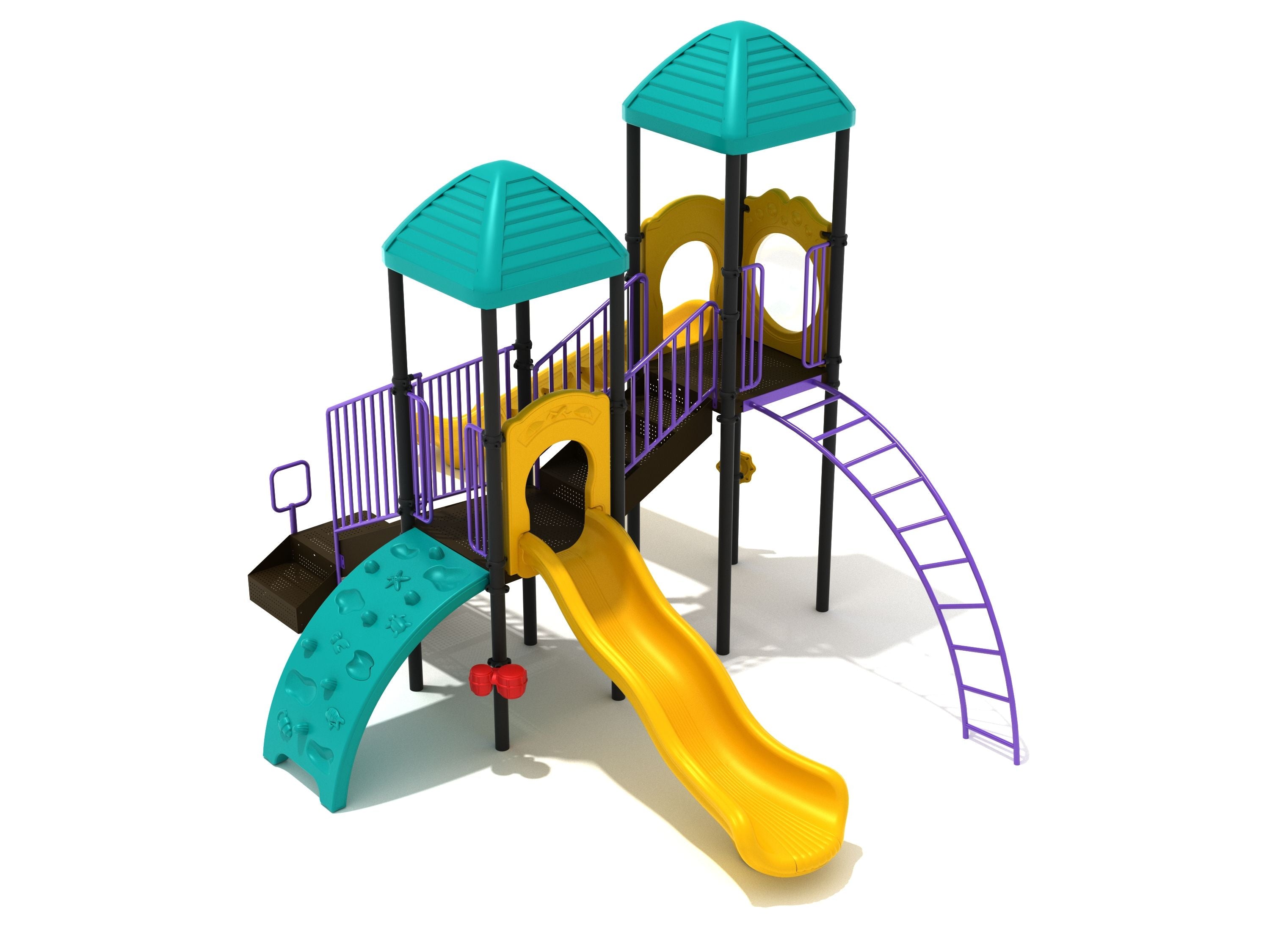 Berwyn Playground large play system with teal roofs, yellow straight and wave slides, purple twisted arch ladder, and teal sea creature climber panel