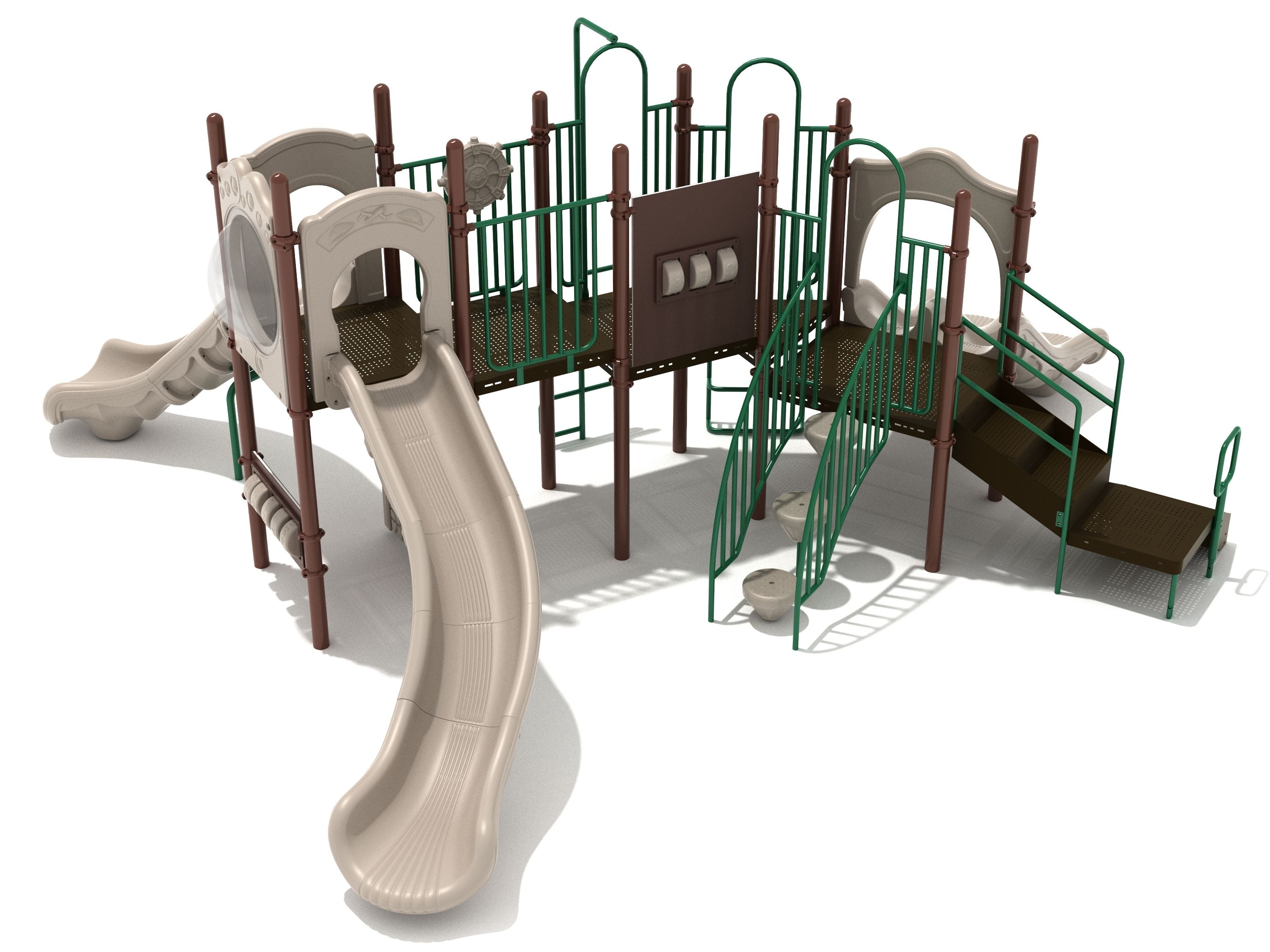 Beige and brown playground structure with four slides, climbing elements, interactive spelling and math panels, and a bubble viewing panel.