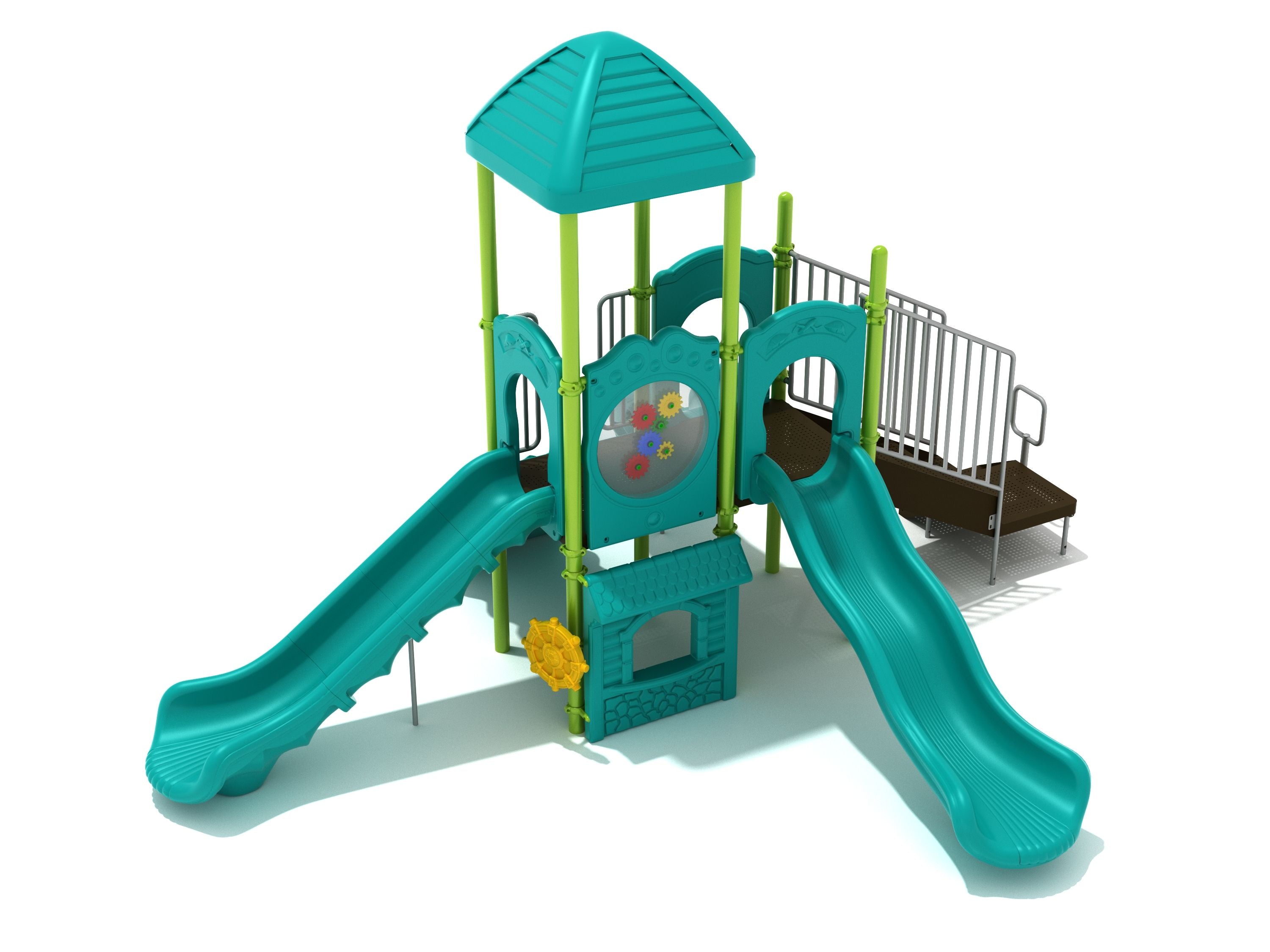 Compact playground structure with three teal slides, green posts, interactive ship’s wheel and store panels, shaded roof