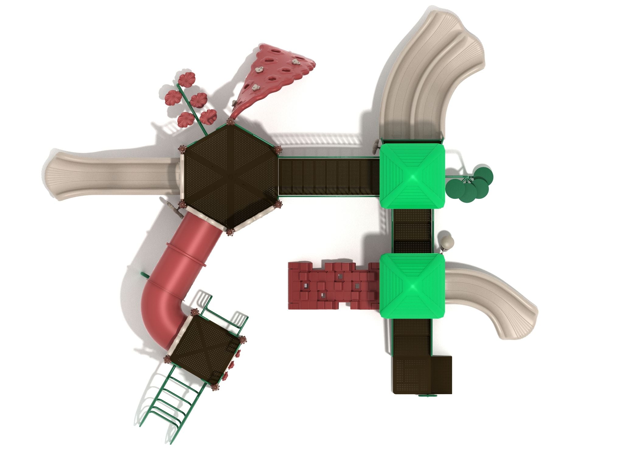Overhead view of a large playground structure with slides, climbing walls, tube bridge, puzzle panel, and green roof elements