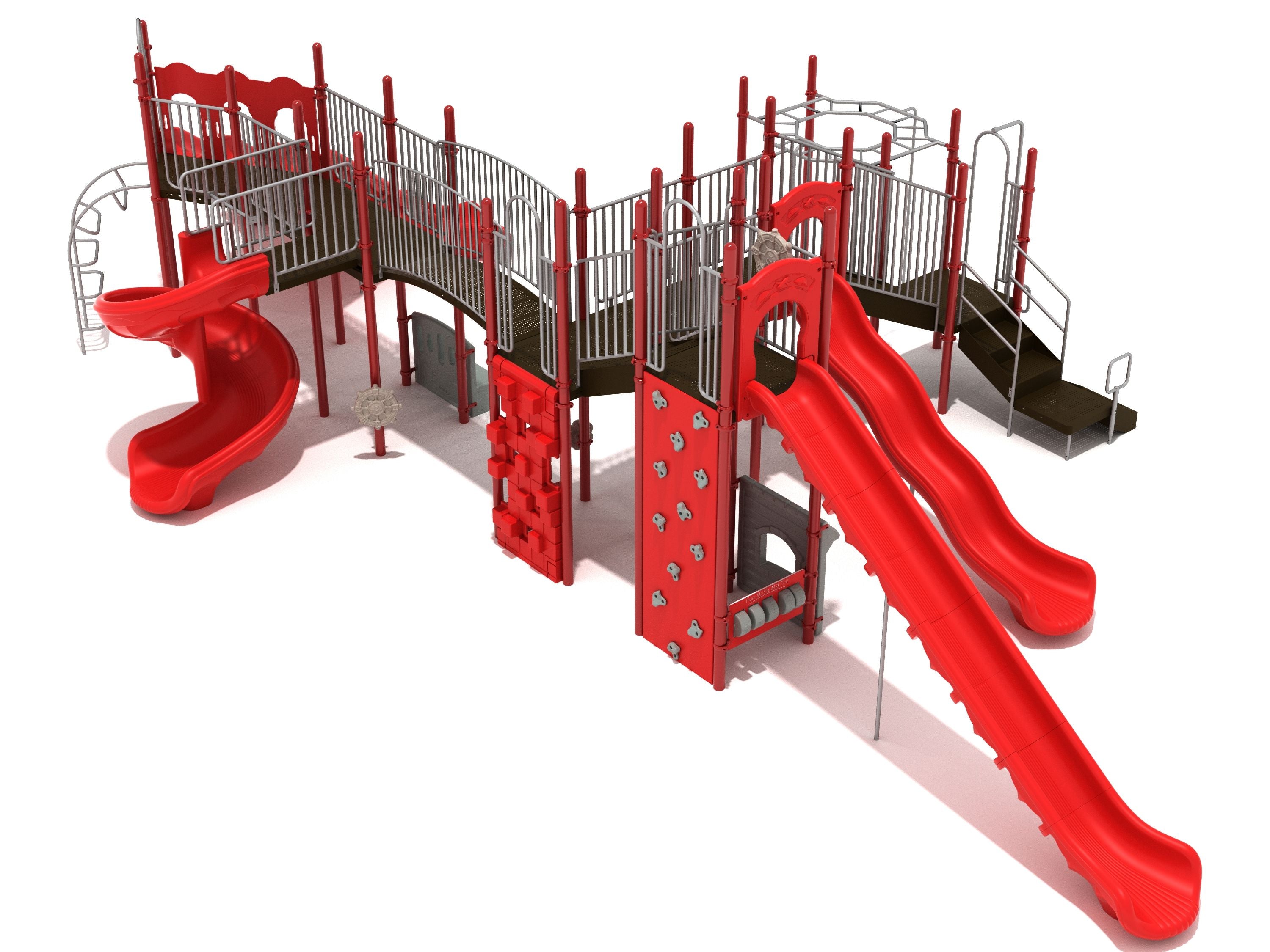 Large red and gray playground structure with multiple slides, climbing walls, ladders, and elevated walkways for active play