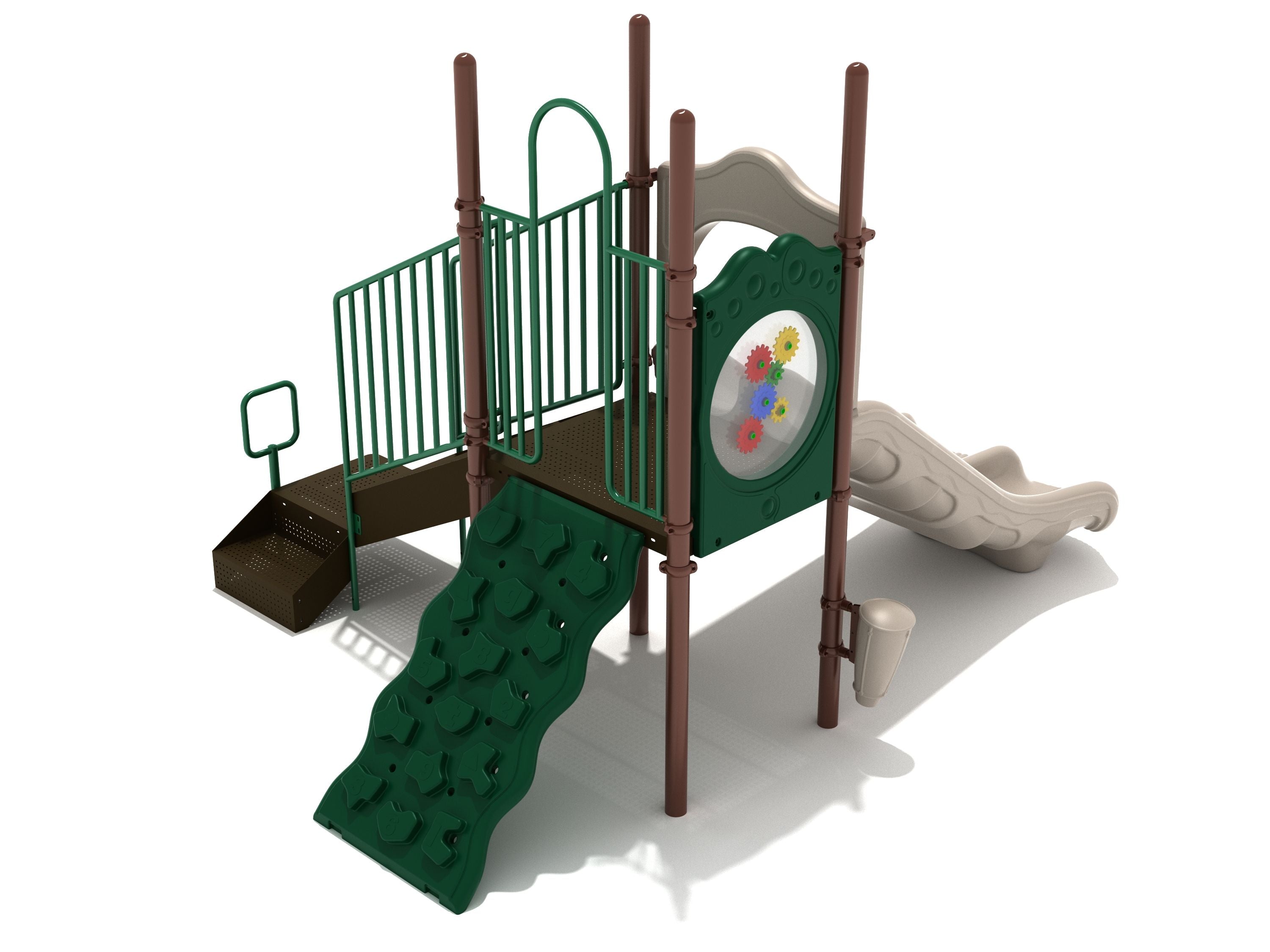 Compact playground with green climbing wall, gear panel, beige double slide, and mounted drum for inclusive play