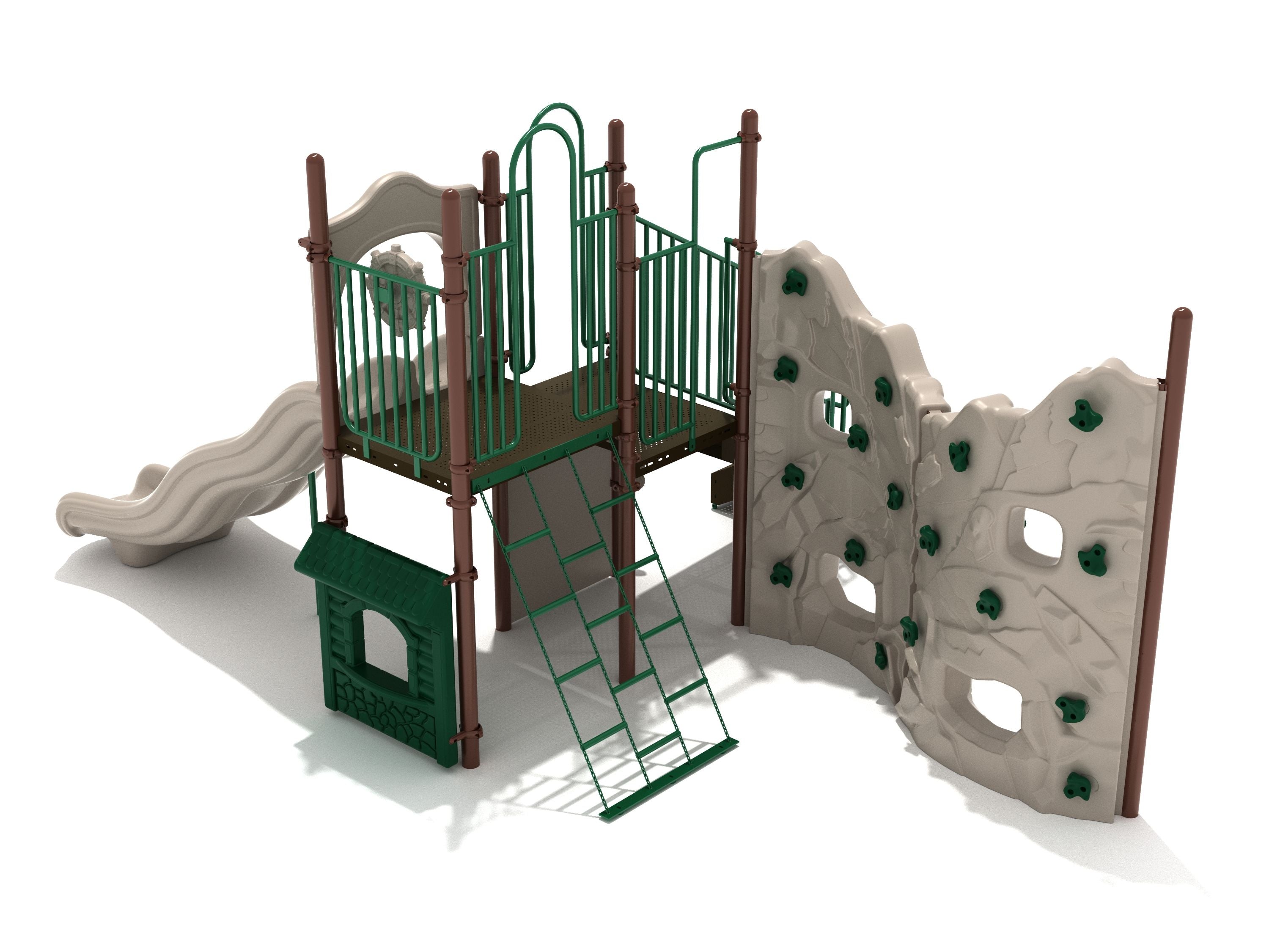 Elevated playground structure with double wave slide, green metal ladder, and beige rock climbing walls with handholds