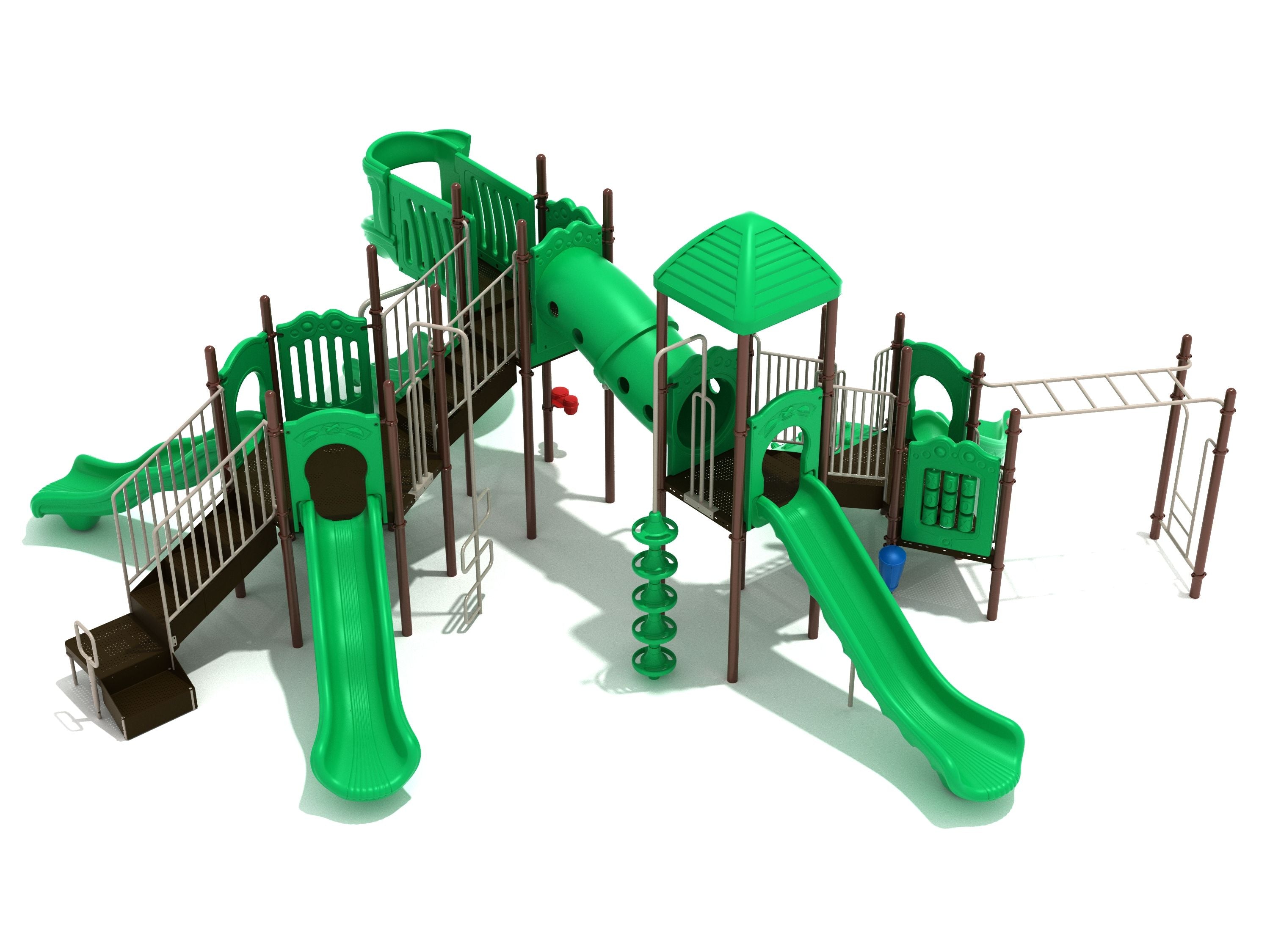 Chagrin Falls Playground large play system with multiple green slides, climbers, tube bridge, and activity panels