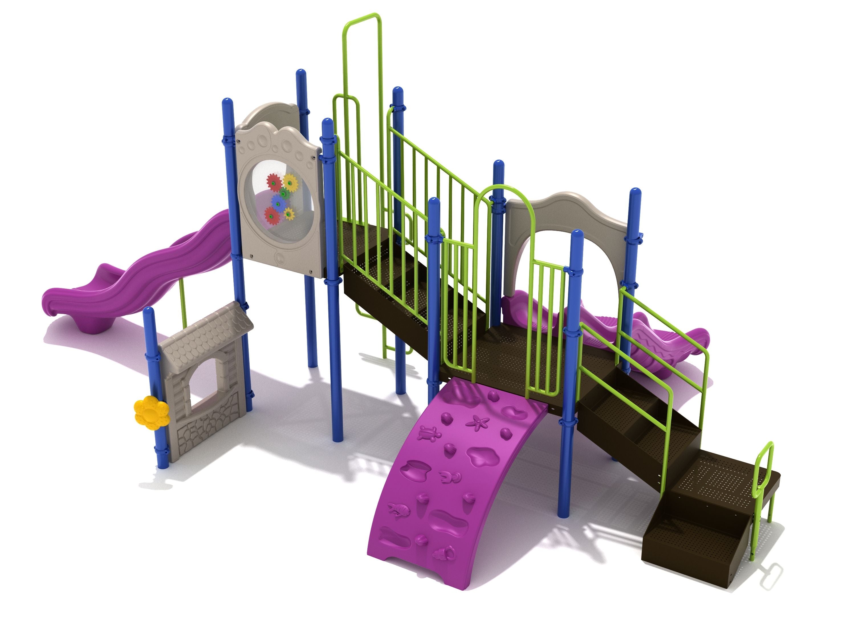 Colorful playground with purple double and wave slides, green railings, blue posts, gear panel, and ocean-themed climbing wall with sea creature shapes.