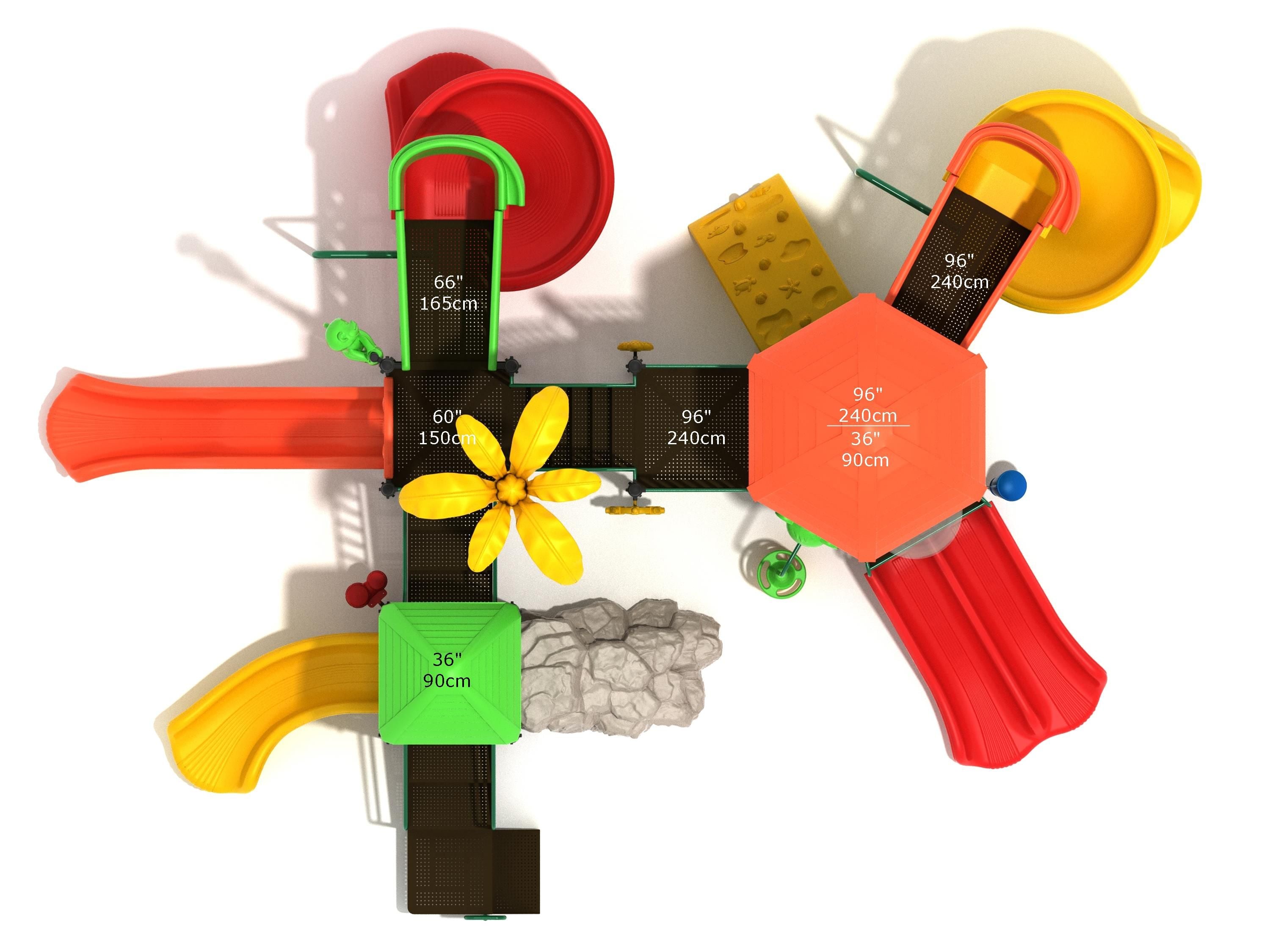 Overhead view of colorful playground with multiple slides, climbing walls, interactive play panels, and musical elements