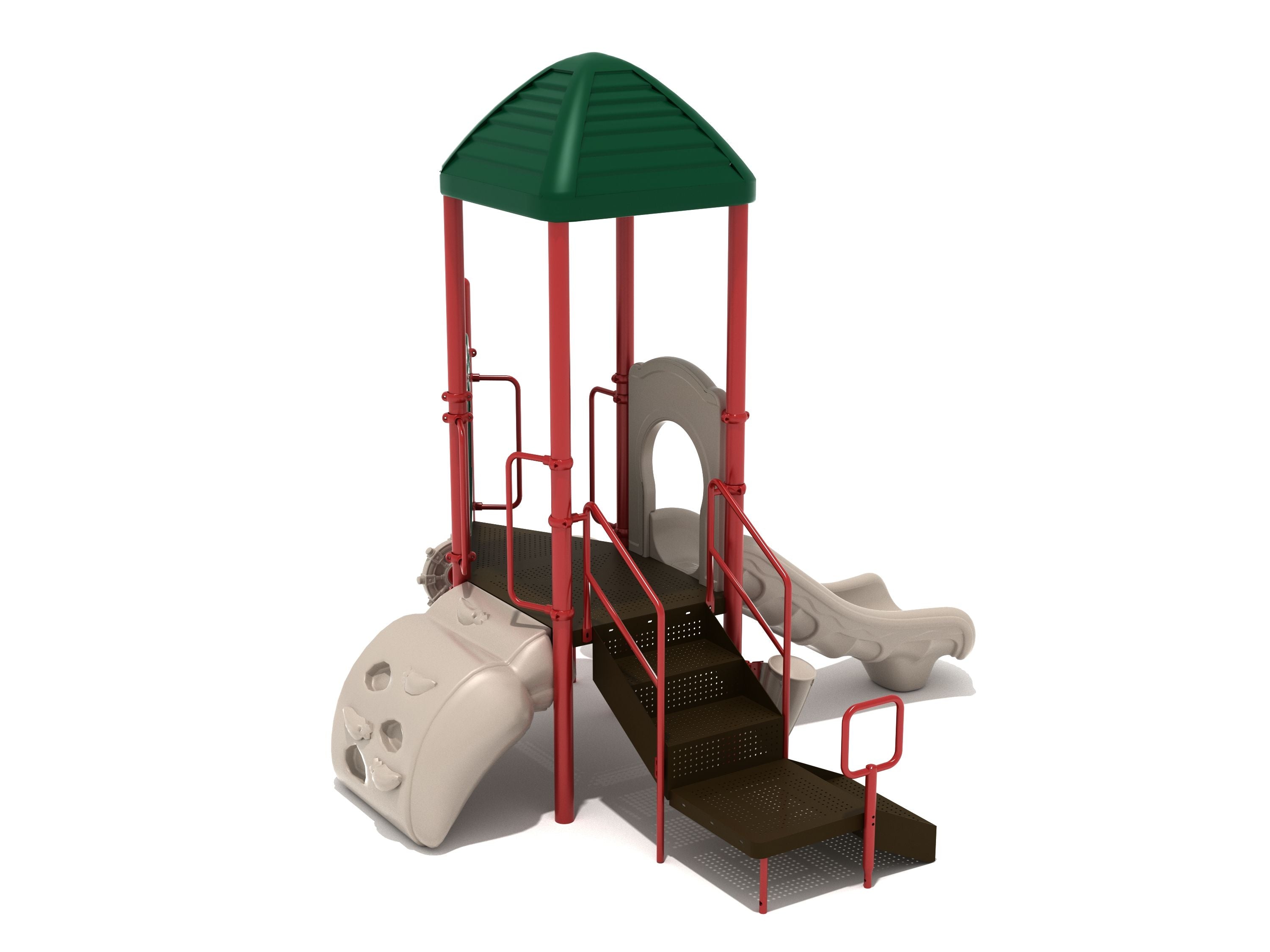 Compact playground structure with green peaked roof, red posts, beige slide, climbing wall, and stairs with handrails