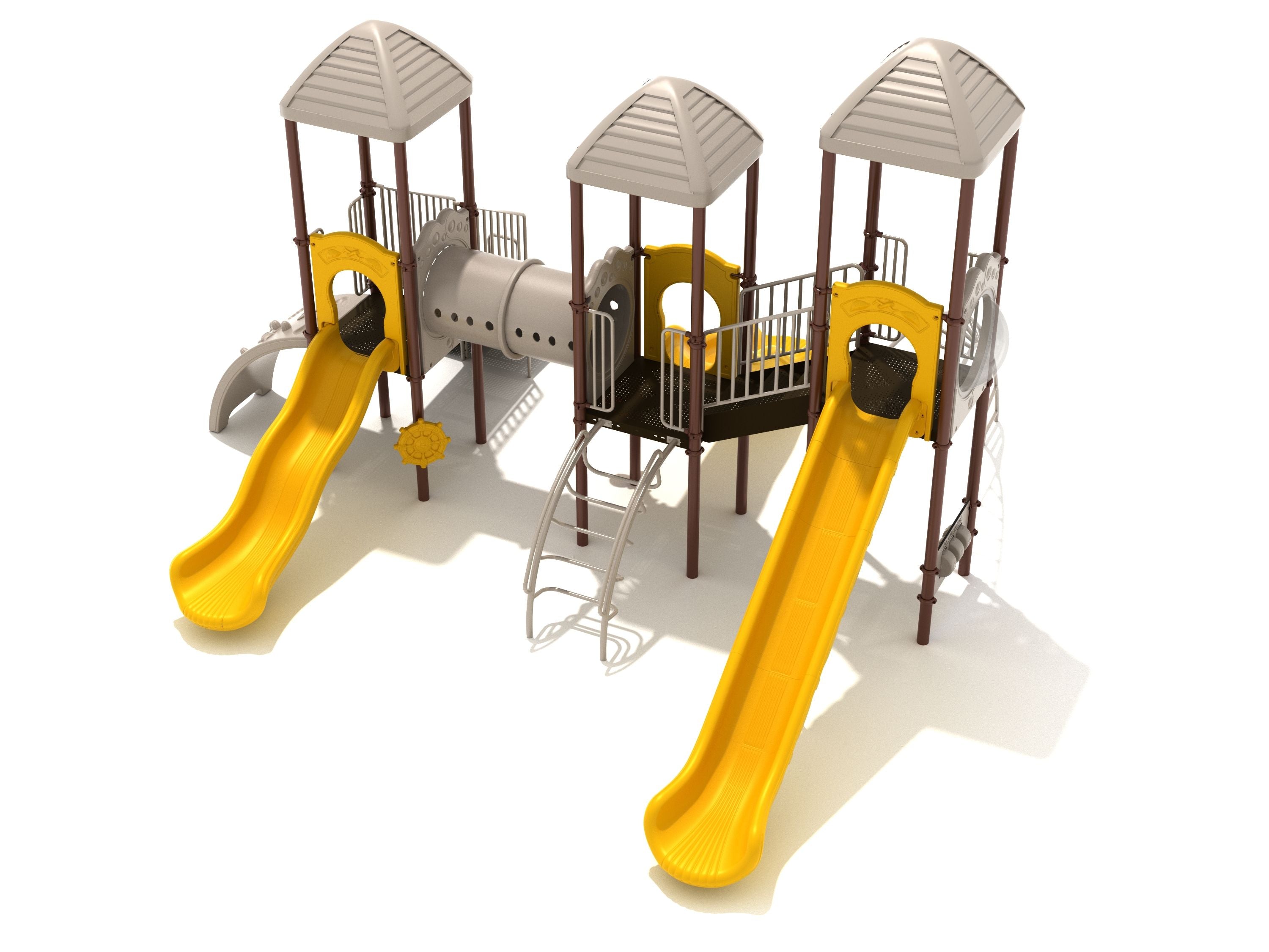 Playground structure with three beige-roofed towers, yellow wave and straight slides, metal climbers, and a tube bridge connecting platforms