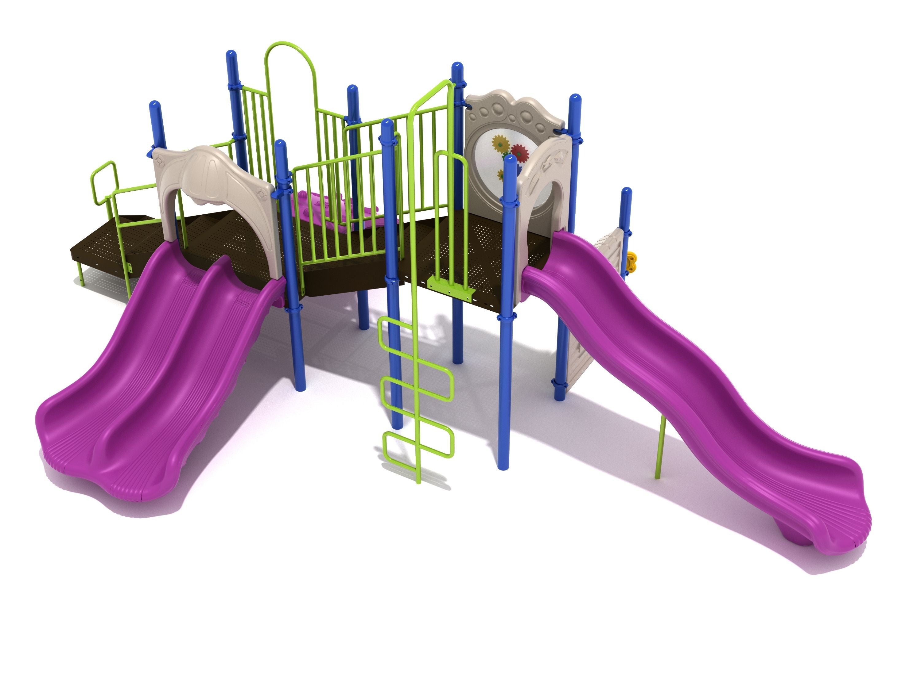 Colorful playground with double slide, wave slide, climbing ladder, gear panel, and elevated platforms featuring ocean-themed hand grips.