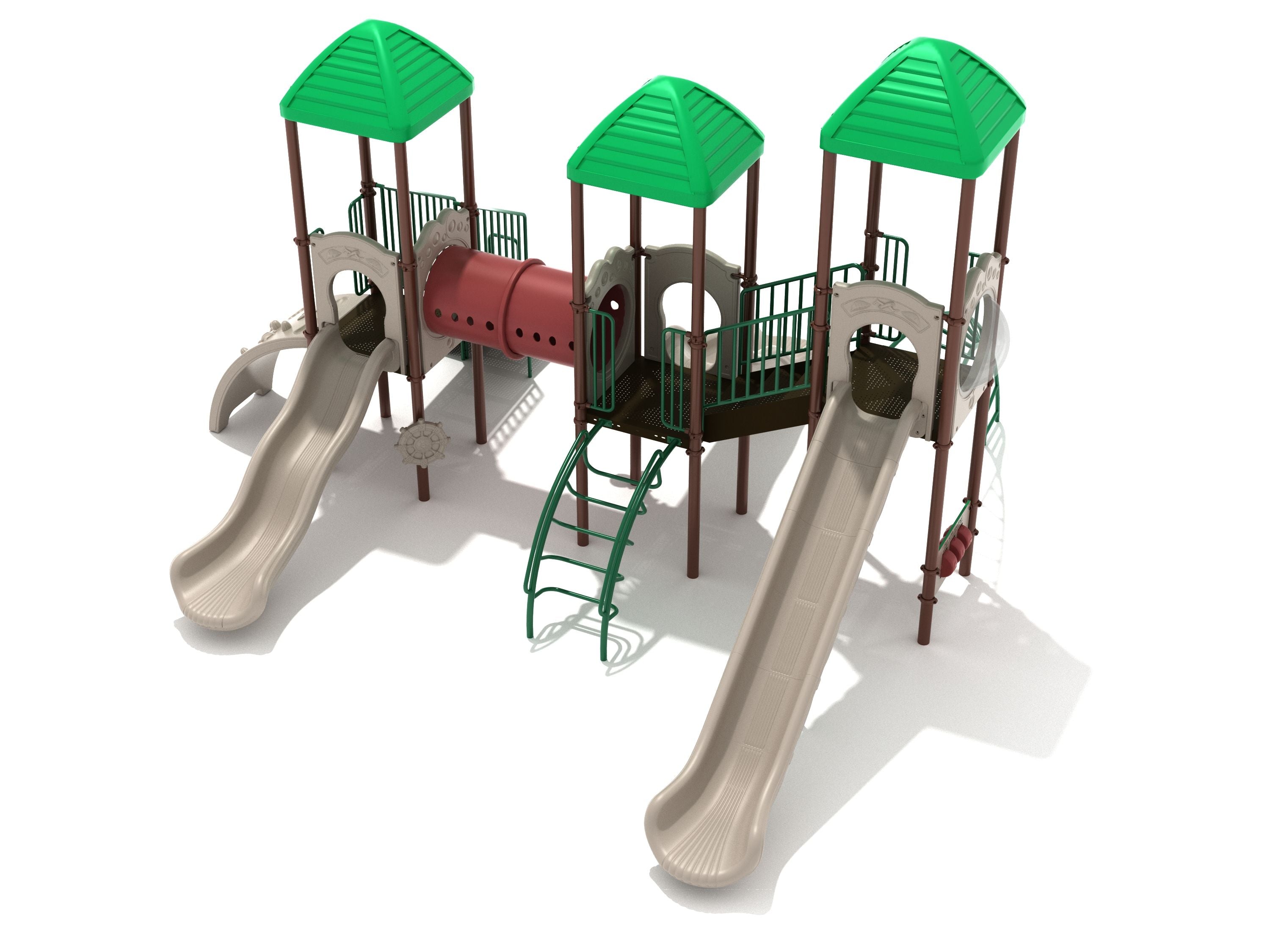 Playground structure with green roofs, beige wave and straight slides, red tube bridge, and green climbing ladders.