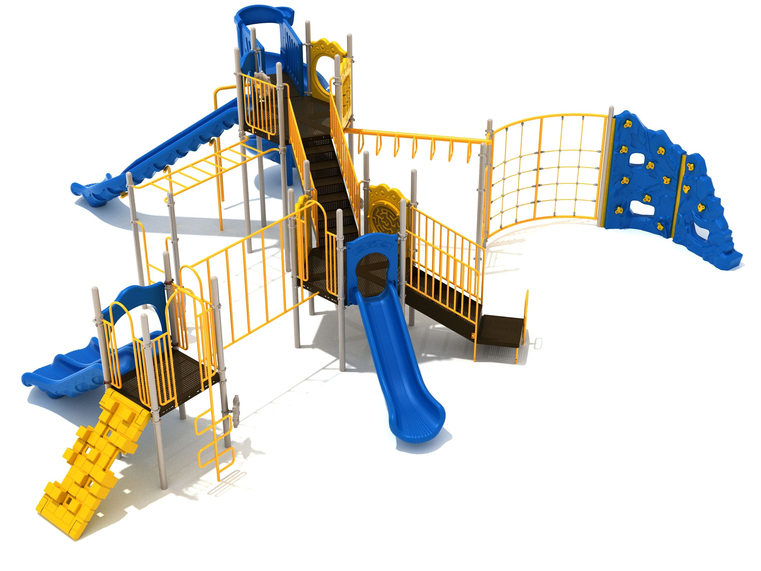 Large outdoor playground with multiple blue slides, yellow climbing ladders, interconnected platforms, and various climbing structures