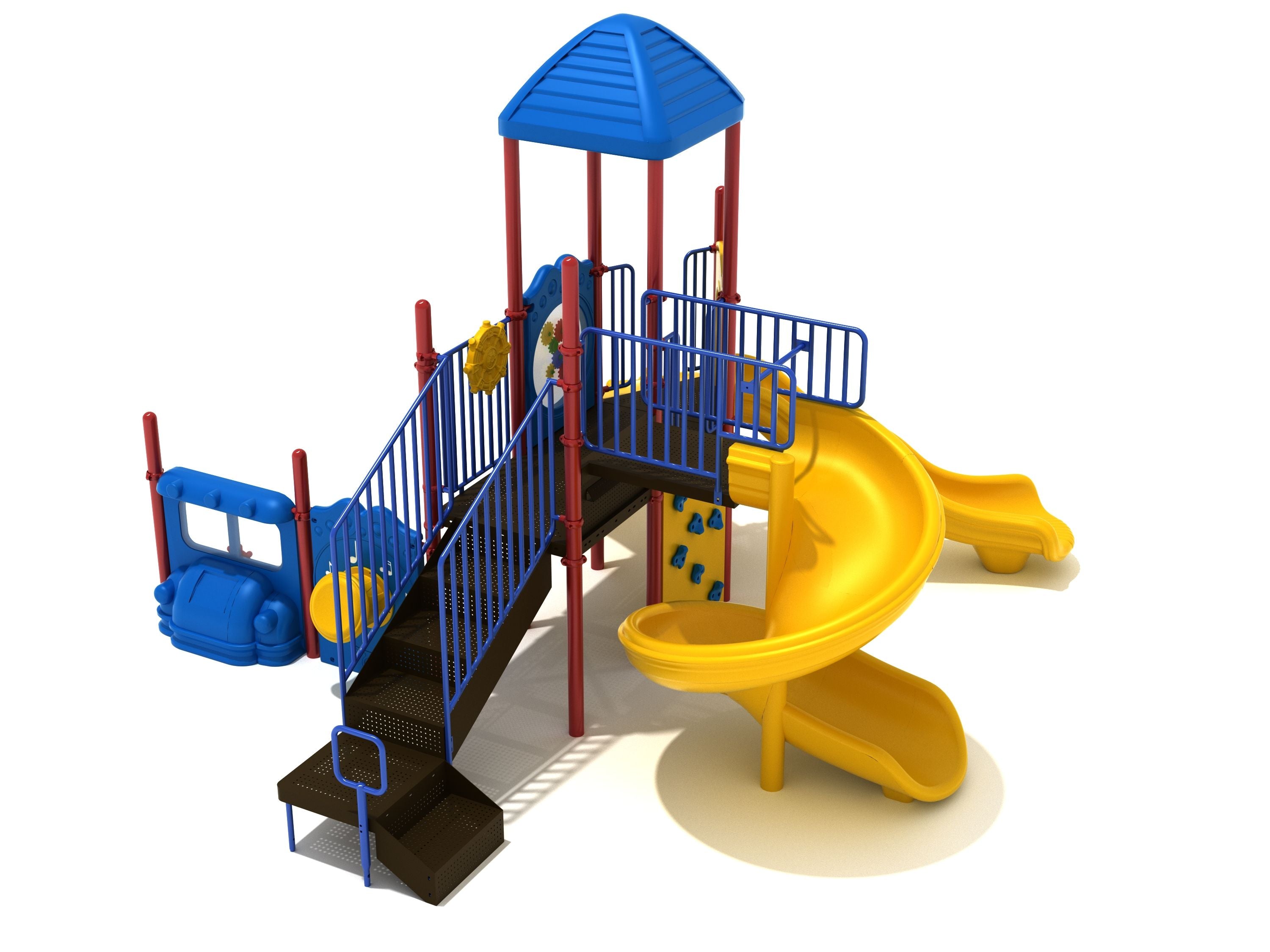 Monterey Playground with blue roof, yellow spiral and wave slides, red posts, interactive play panels, and ocean-themed climber