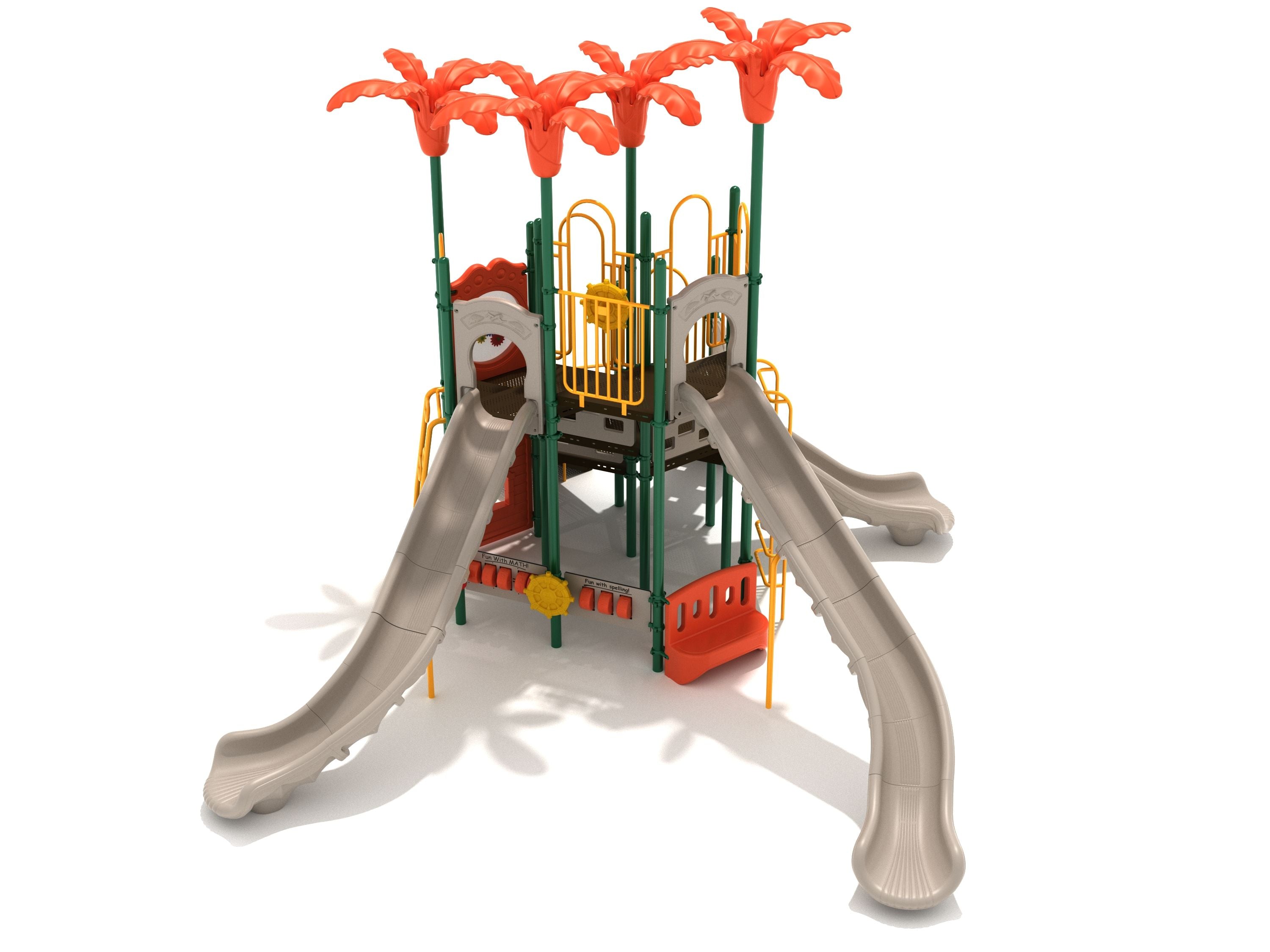 San Angelo Playground with layered green and orange structure, dual beige slides, palm tree accents, and interactive activity panels