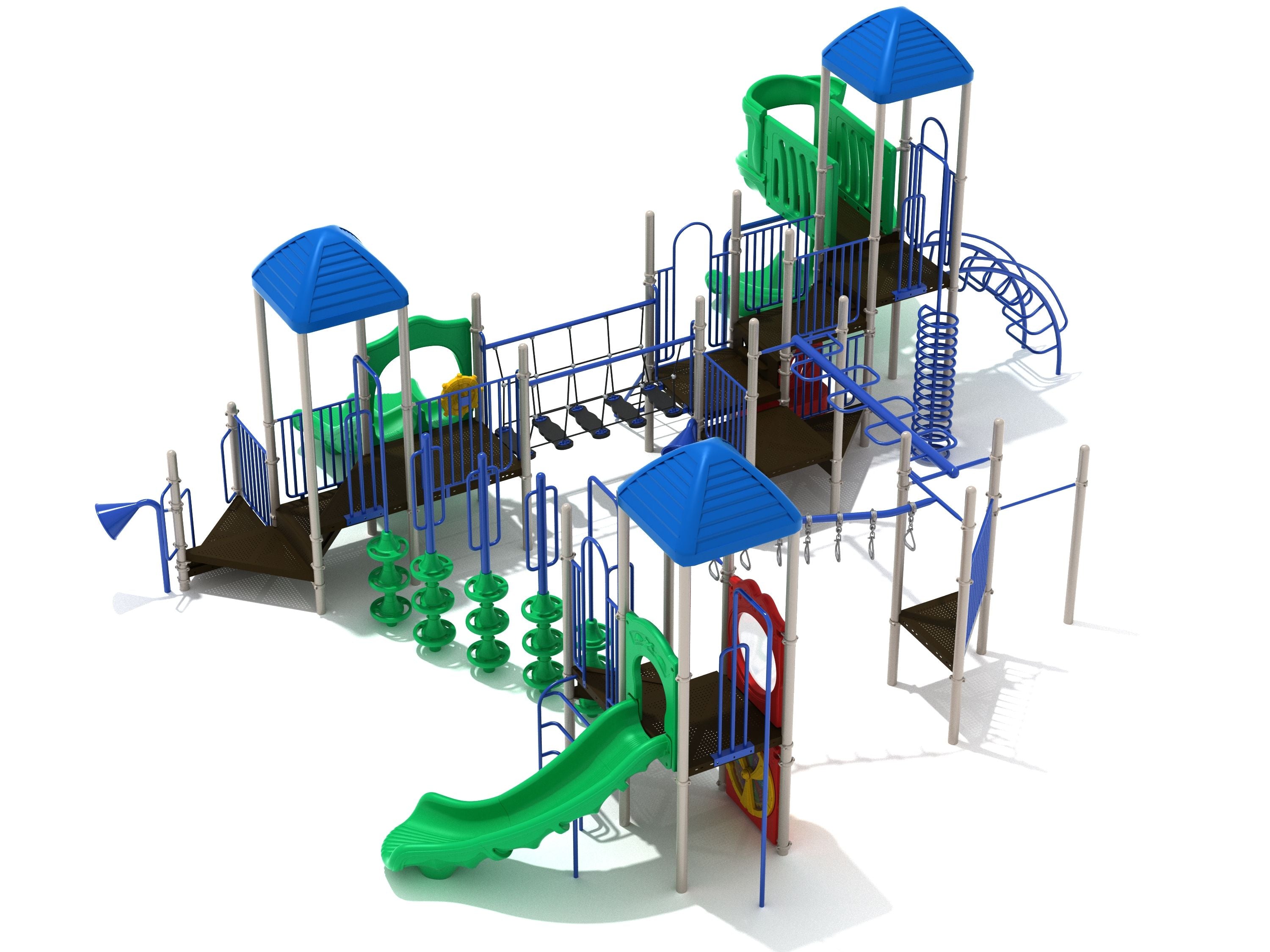 Multi-level commercial playground with blue roofs, green slides, climbing elements, connecting bridges, and activity zones