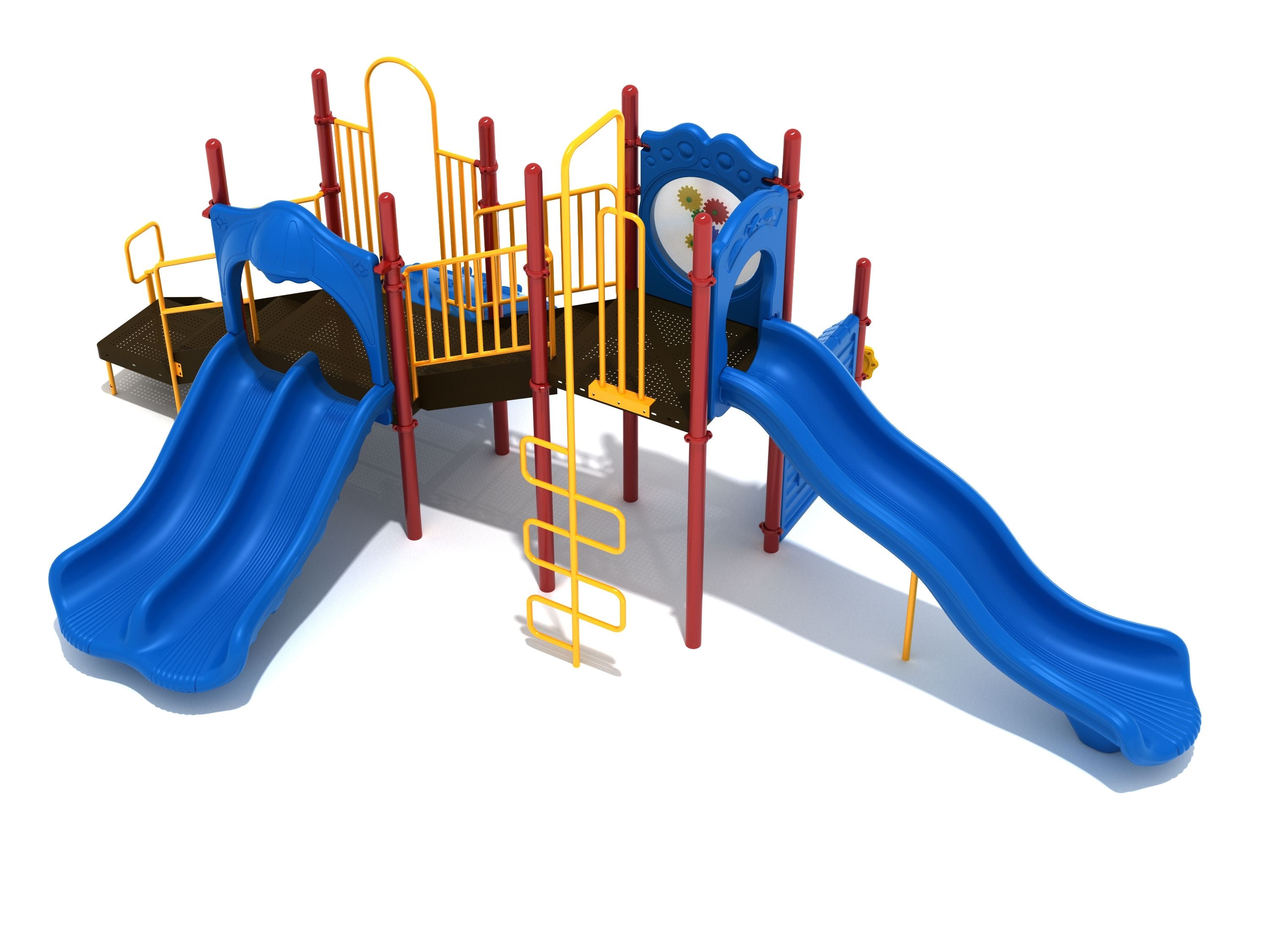 Playground structure with blue double and wave slides, red posts, yellow railings, gear panel, and ocean-themed climber details.
