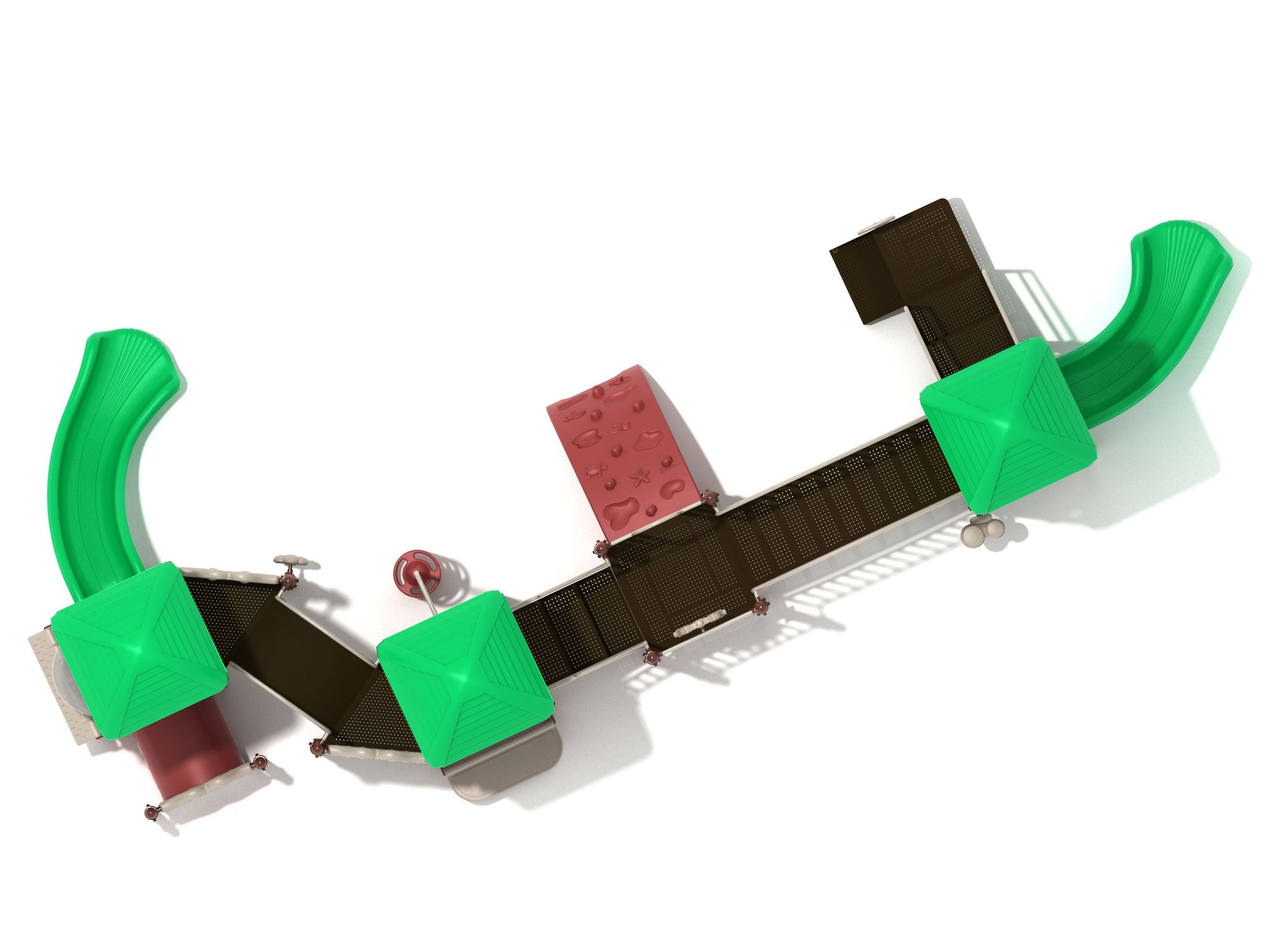 Overhead view of large playground with green roofs, curved slides, climbing wall, connecting bridges, and activity panels