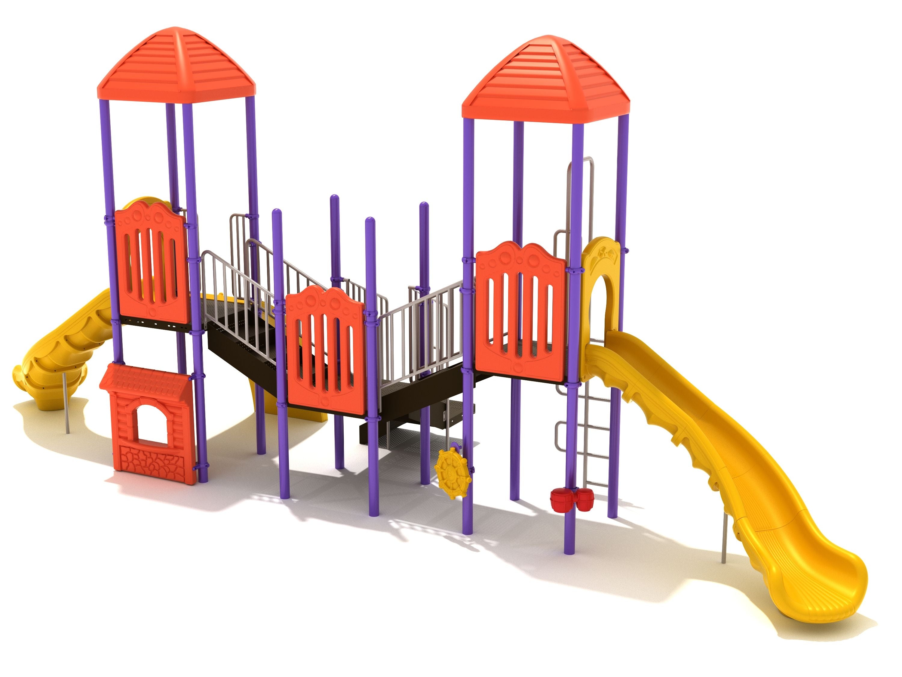 Colorful playground with two turrets, two right-turn slides, sea creature and snake climbers, ship’s wheel, and bongos.