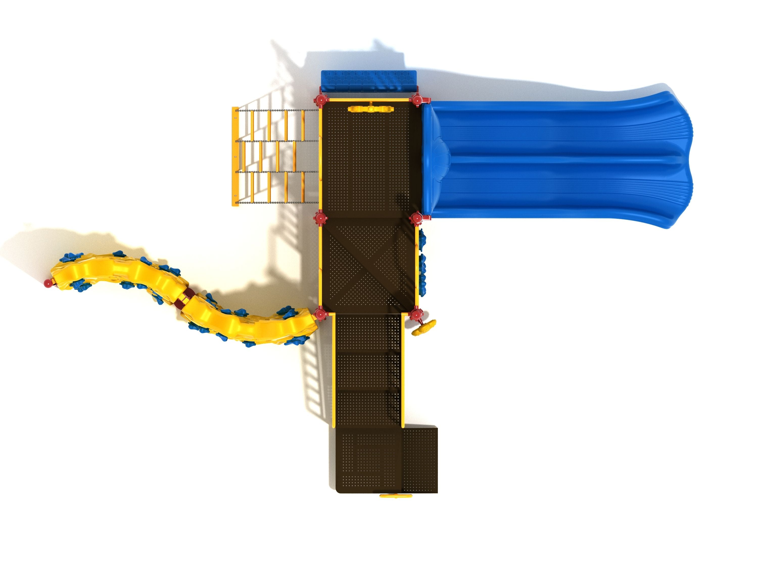 Overhead view of colorful playground with blue double wave slide, yellow climbing walls, chain climber, and ship’s wheel.