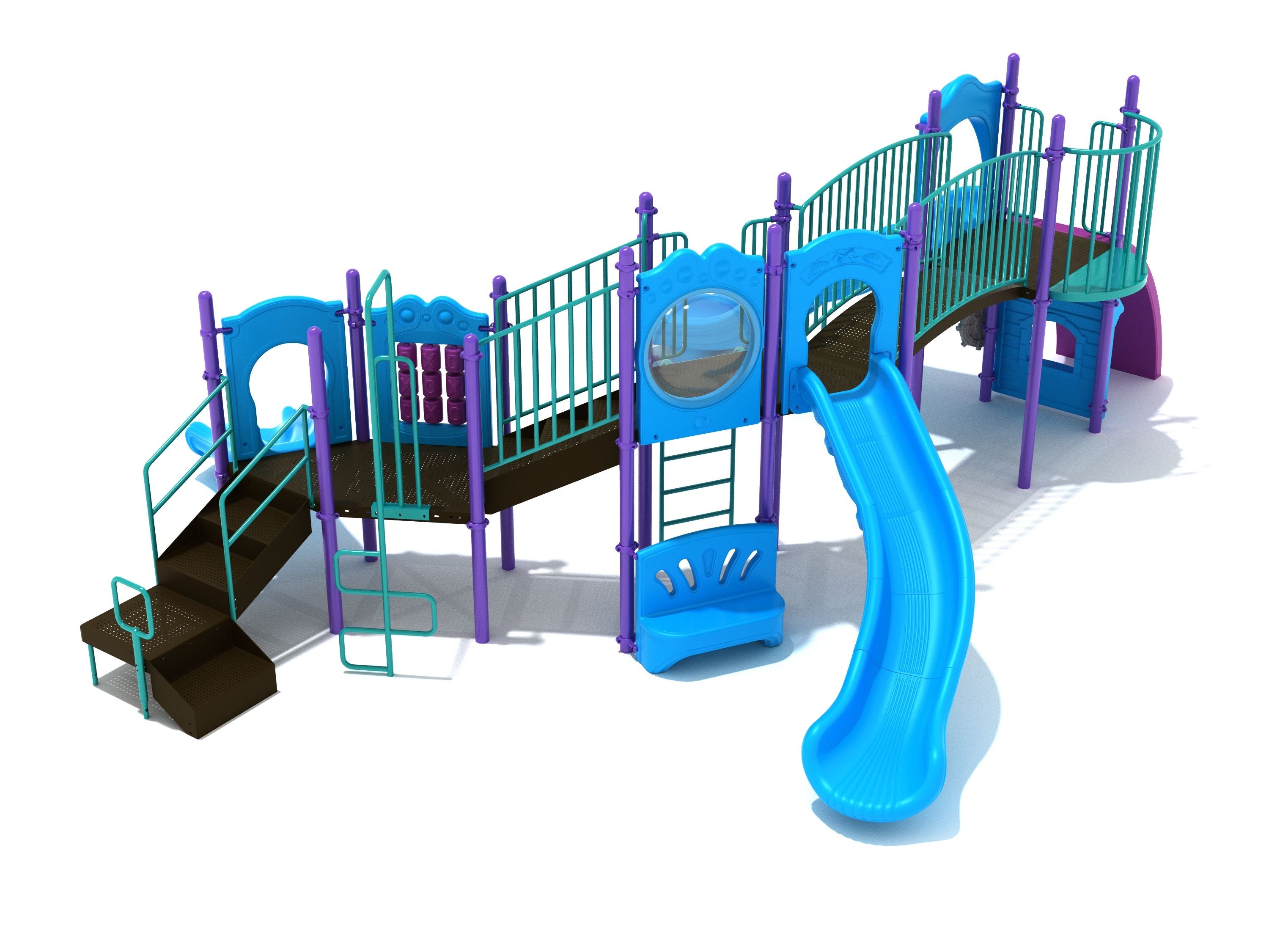 Outdoor commercial playground with teal rails, purple posts, multiple slides, stairs, ladder, bubble window, and activity panels.