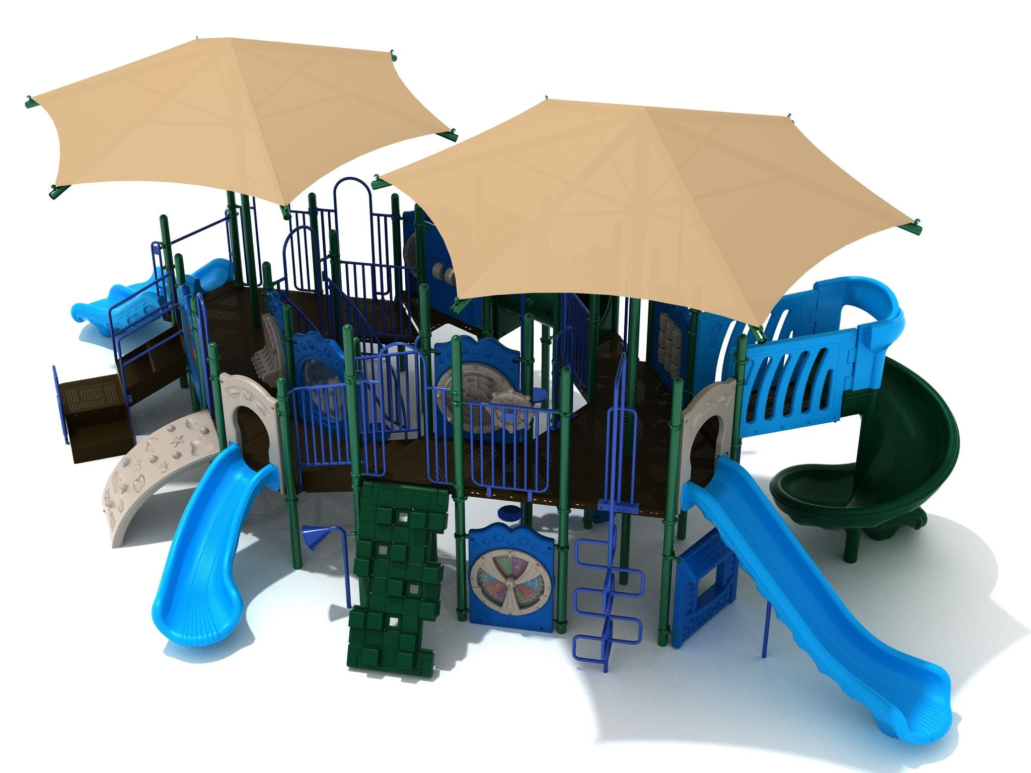 Large commercial playground structure with blue slides, climbing panels, ladders, and beige shade canopies