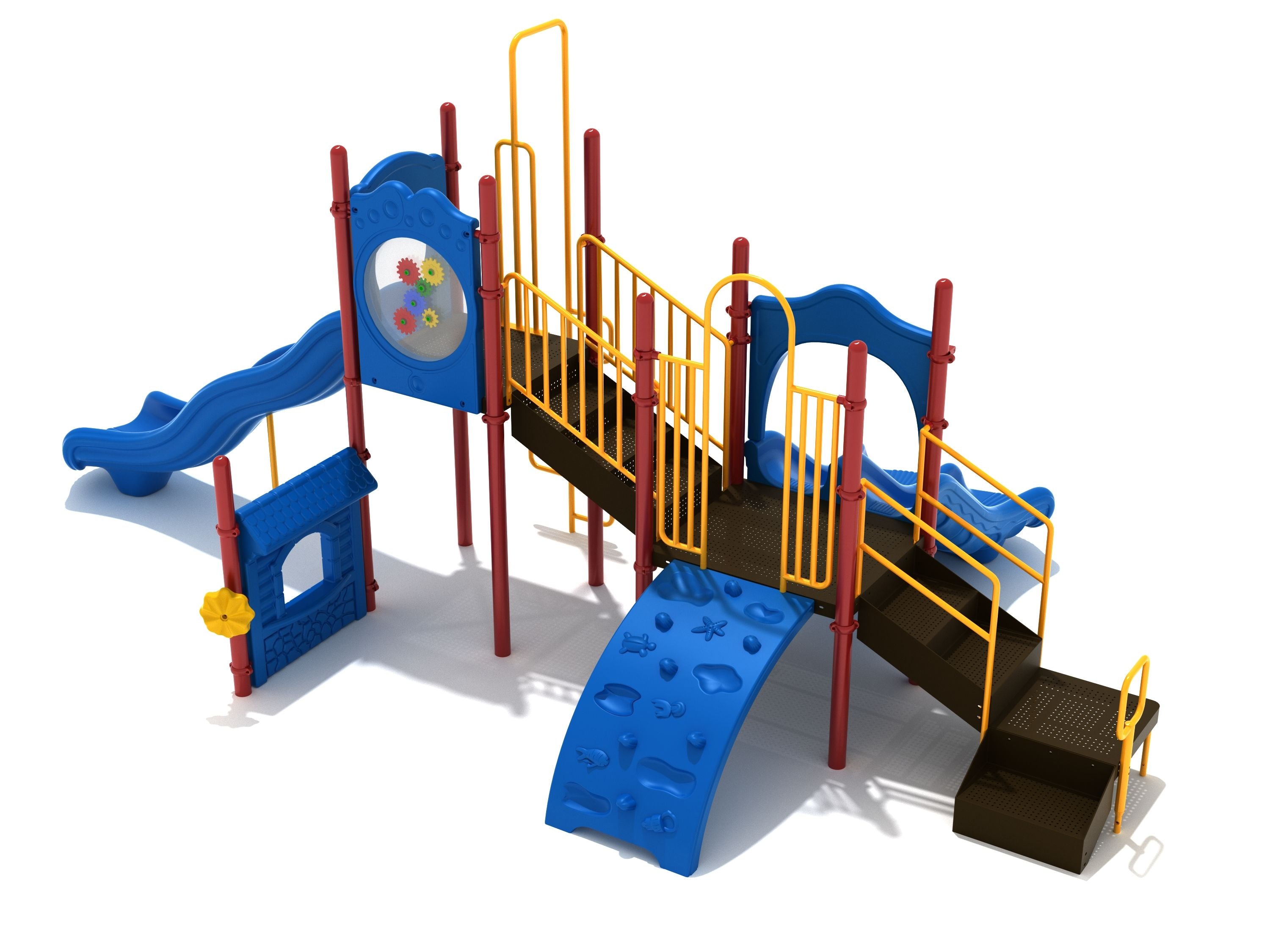 Richardson Playground commercial playset with dual blue slides, sea-creature climber, gear panel, and ADA transfer stairs in vibrant primary colors