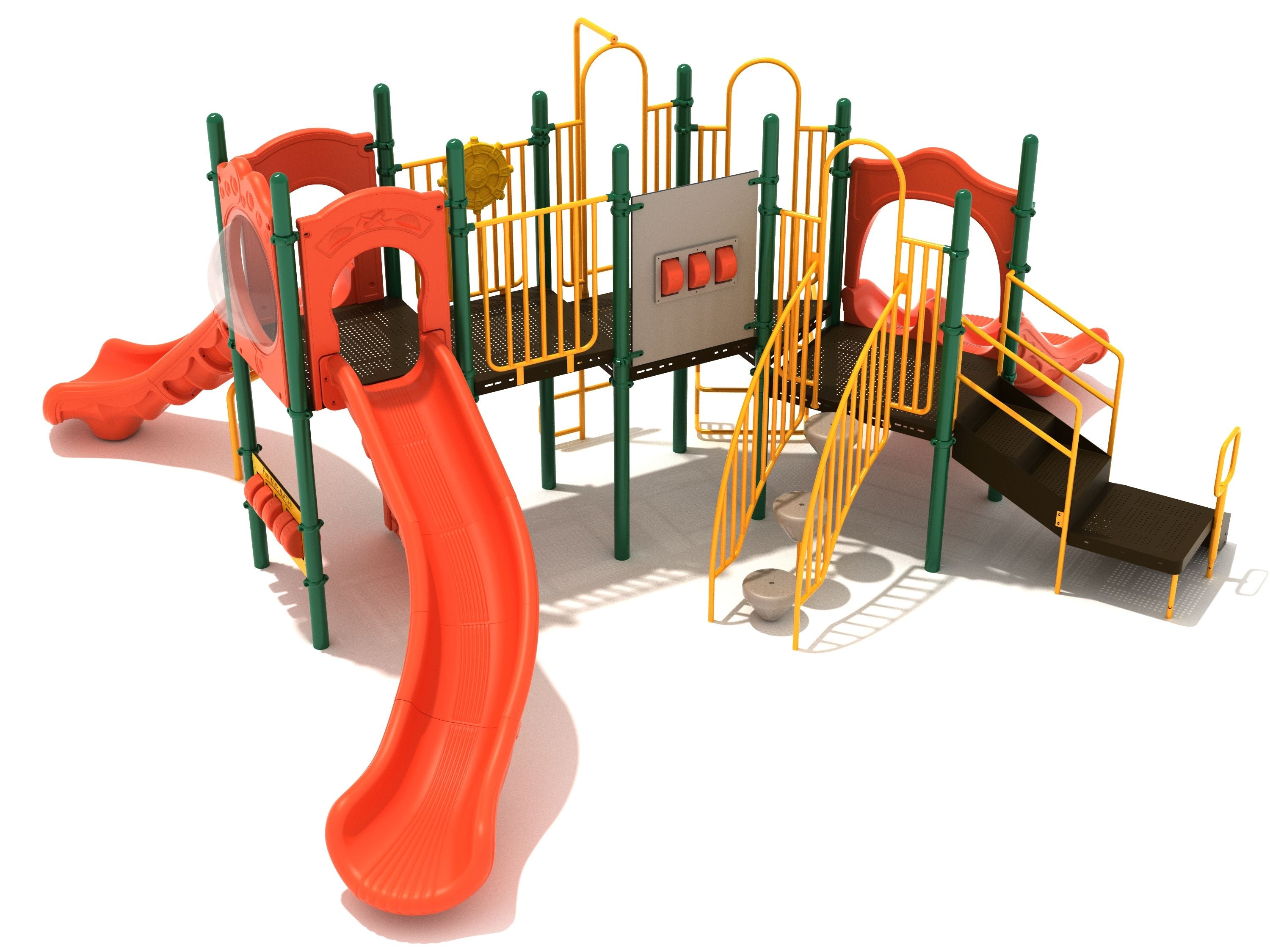 Colorful playground structure with four slides, climbing elements, interactive spelling and math panels, and a bubble viewing panel.