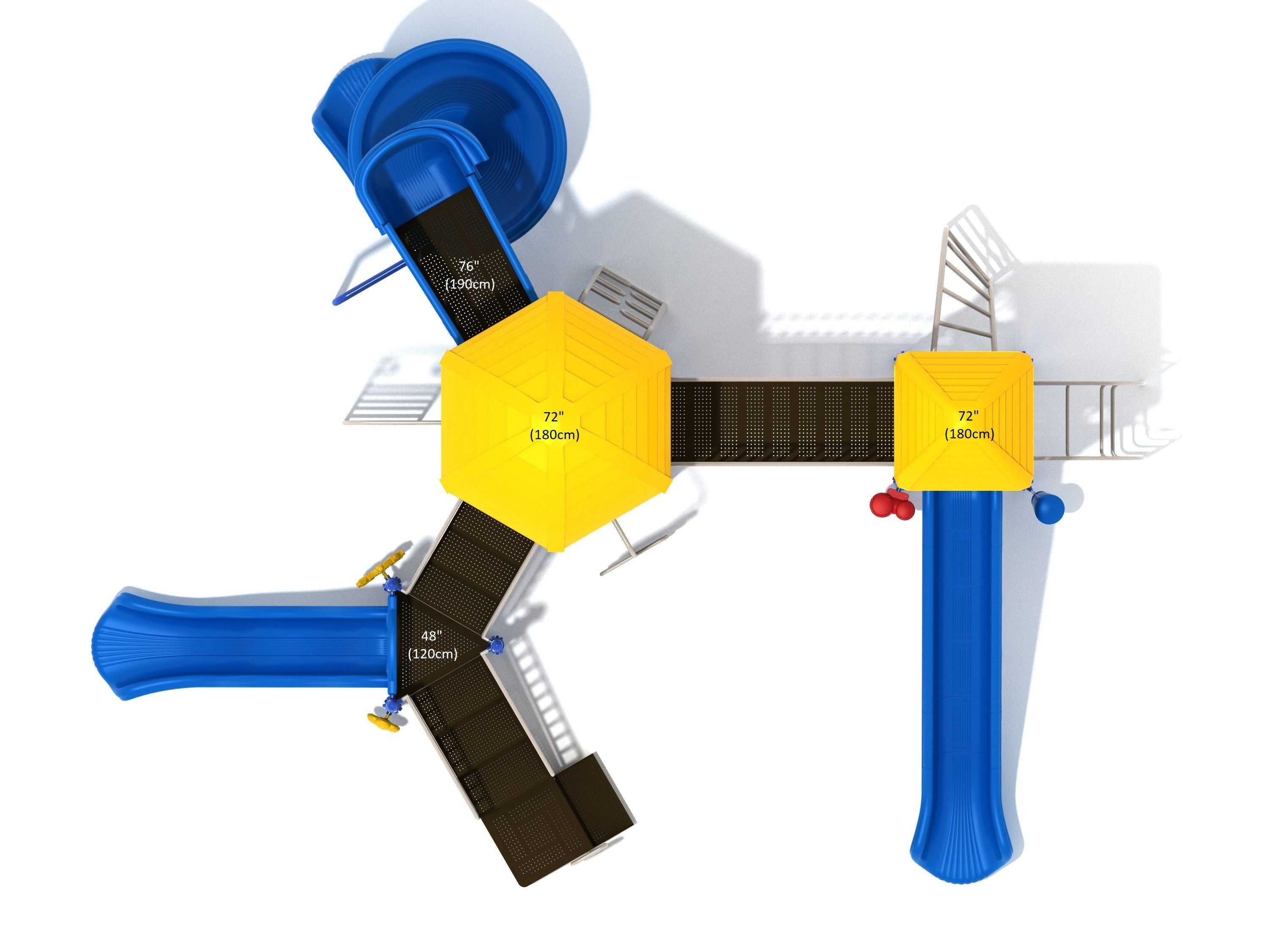 Overhead view of a large playground structure with yellow roofs, blue slides, vertical and twisted arch ladders, and climbing features