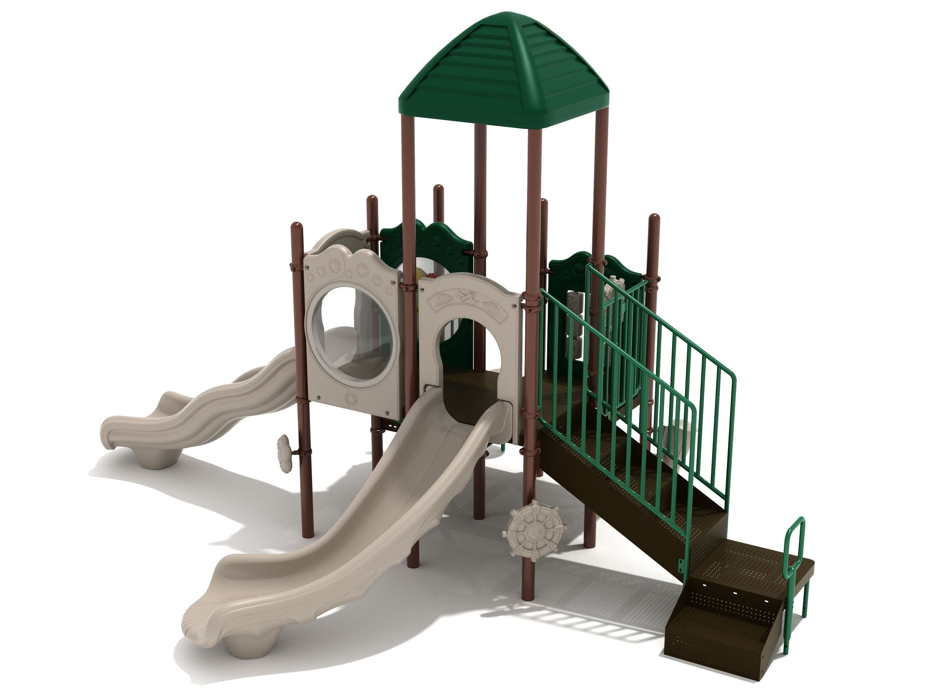Children's playground structure with two beige slides, green roof, climbing stairs, ship's wheel, and interactive play panels including percussion and spinning wheels.