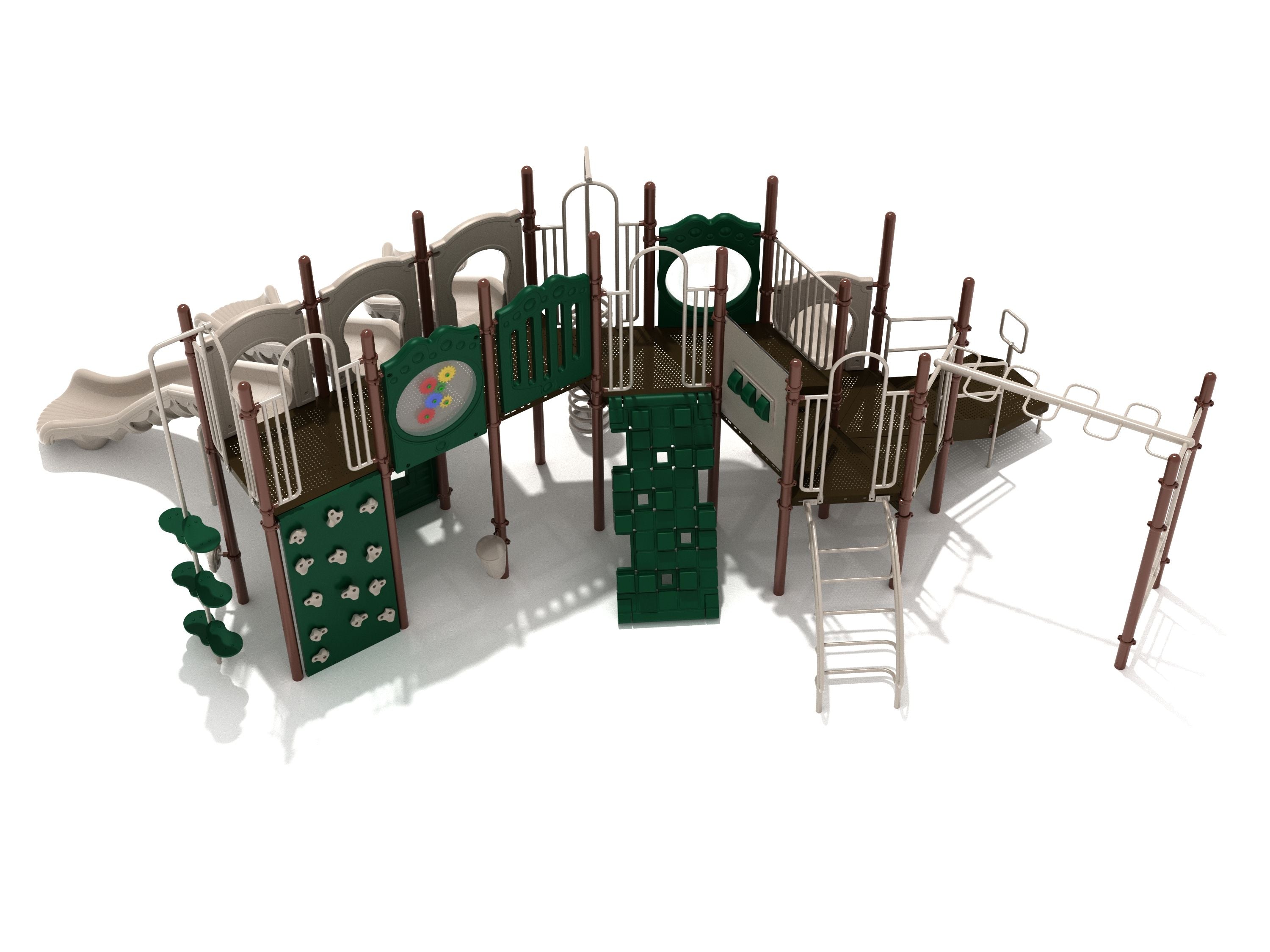 Outdoor playground structure with multiple slides, spiral climber, climbing walls, ladders, and interactive gear and spelling panels in green and brown colors.