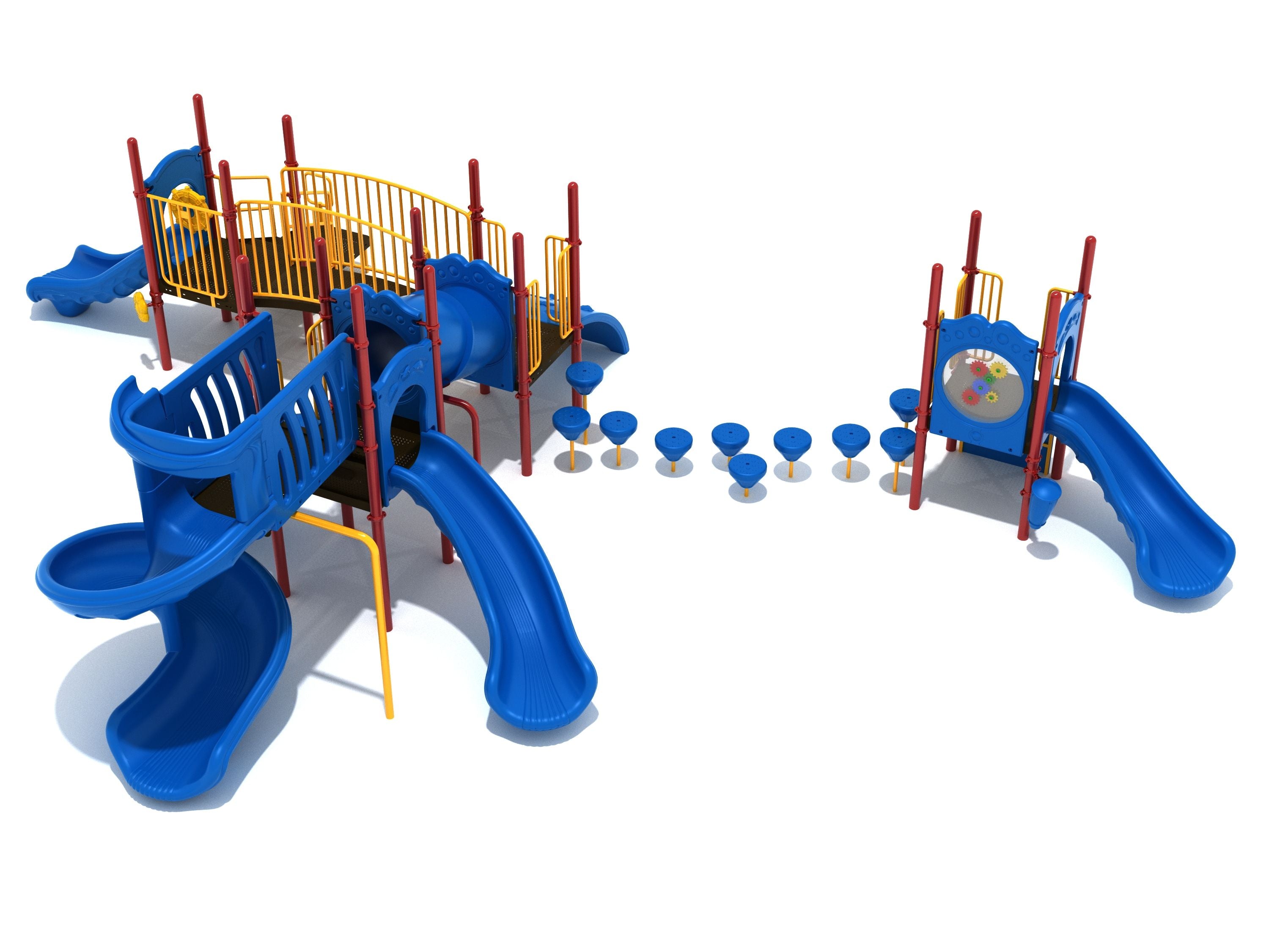 Blue and red playground structure with multiple slides, climbing steps, tube bridge, and interactive gear panel