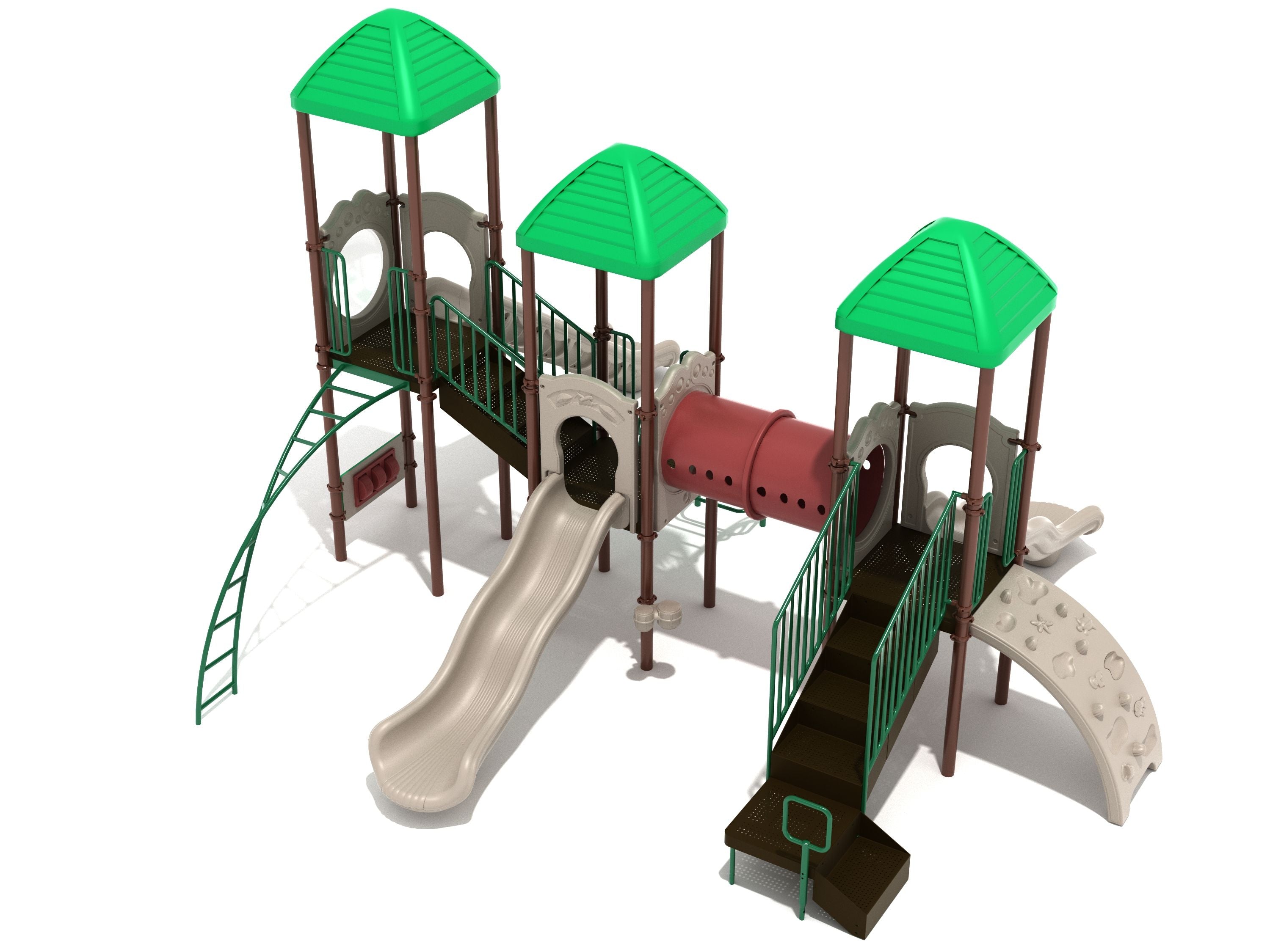 Thibadaux Playground with green roofs, beige wave and straight slides, red tube bridge, climbing walls, metal ladders, and play panels