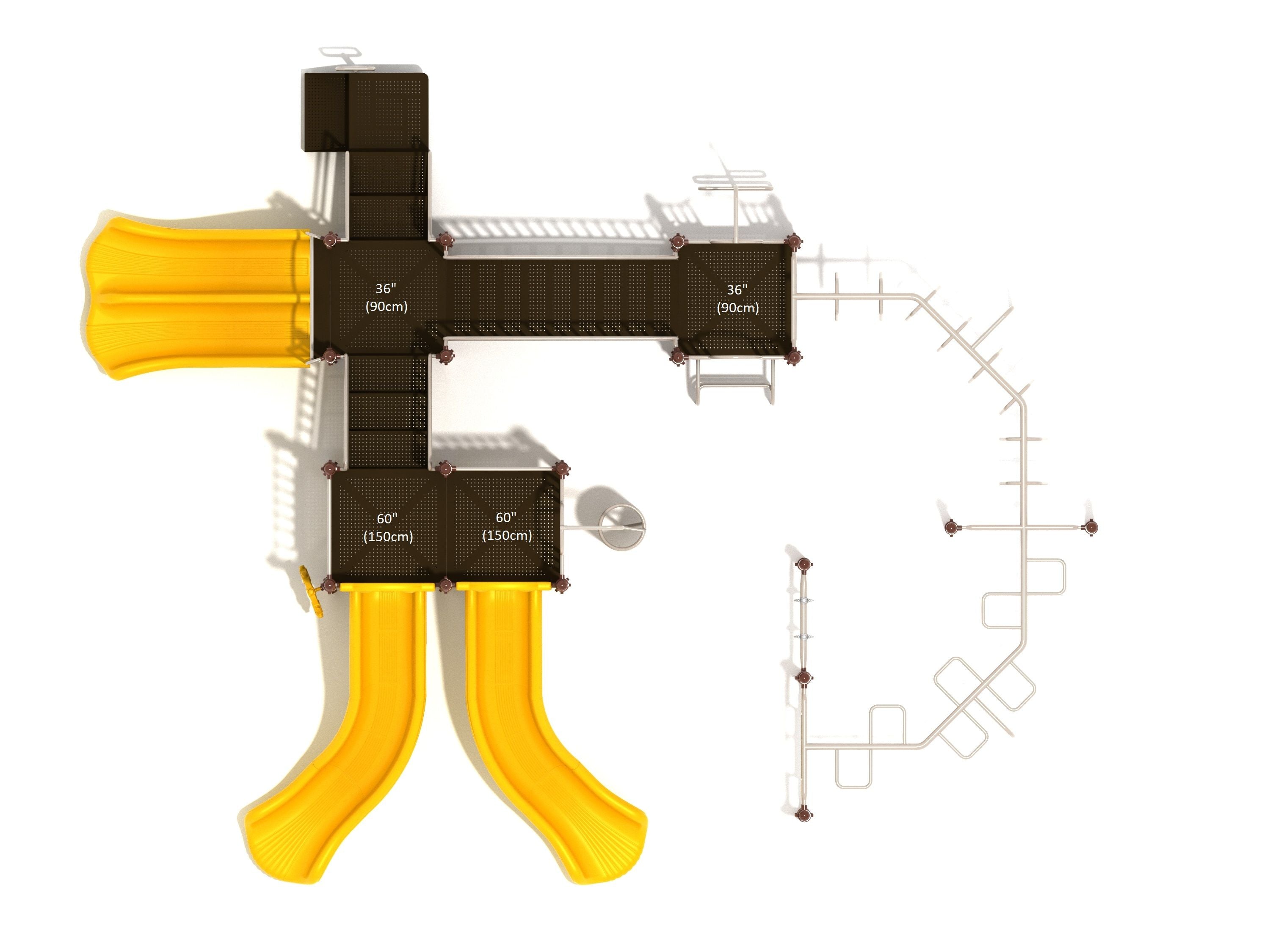 Overhead view of commercial playground with yellow double and curved slides, platforms, spiral and vertical climbers, and metal monkey bars