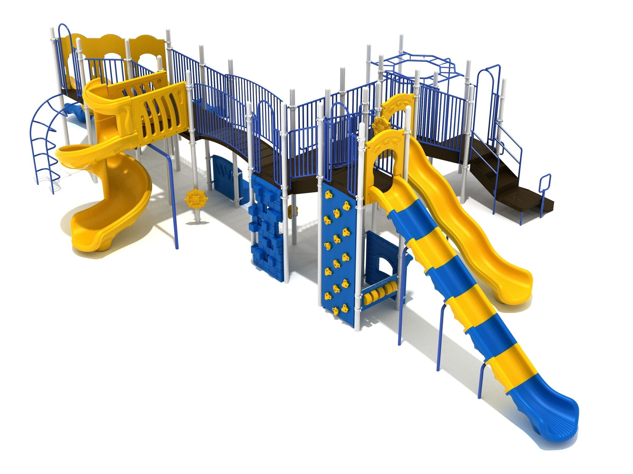 Loveland Playground large play system with multiple yellow and blue slides, climbing walls, elevated walkways, and interactive play panels