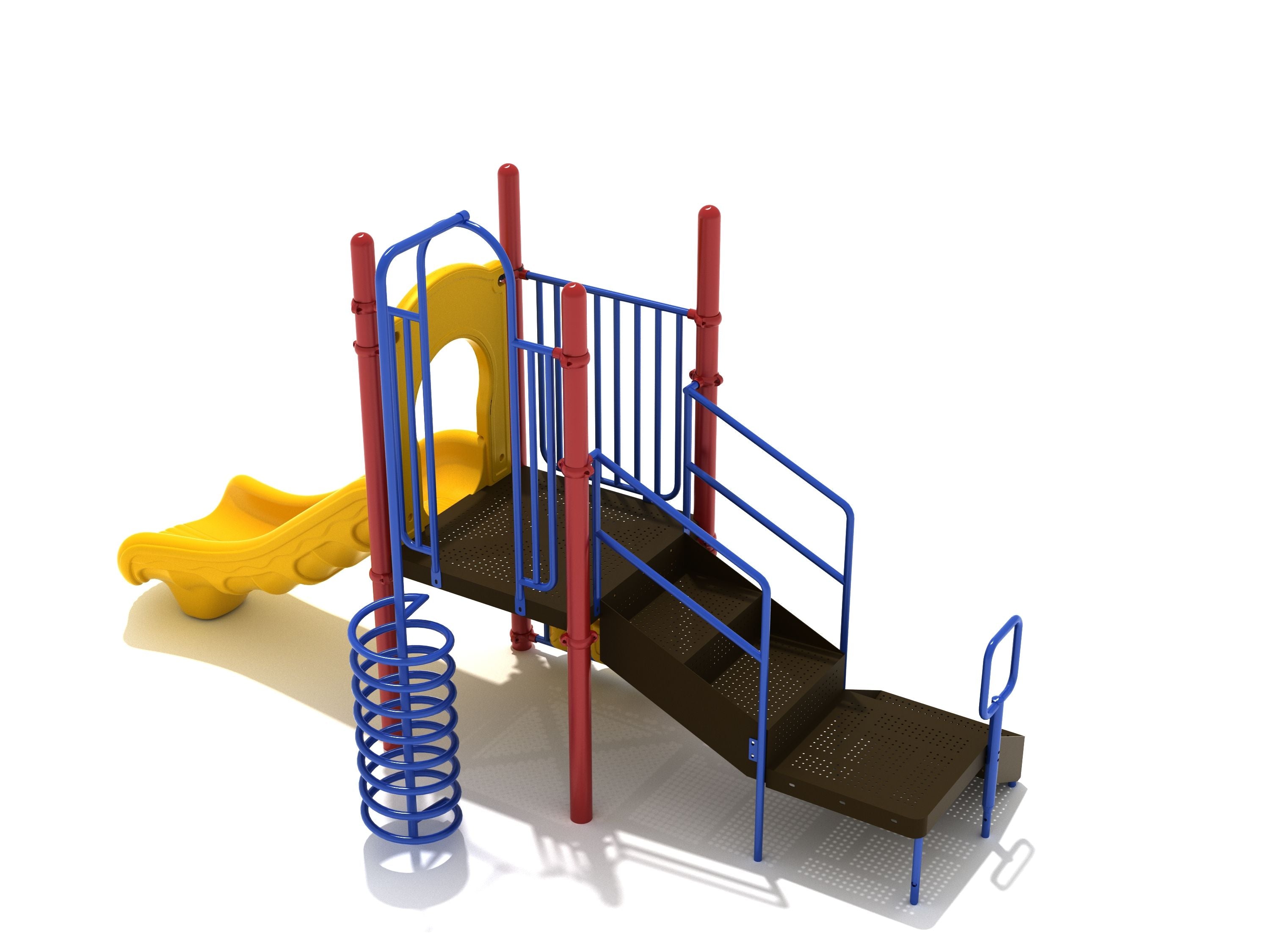 Compact outdoor playground with yellow straight slide, blue spiral climber, red posts, brown platform, and stairs