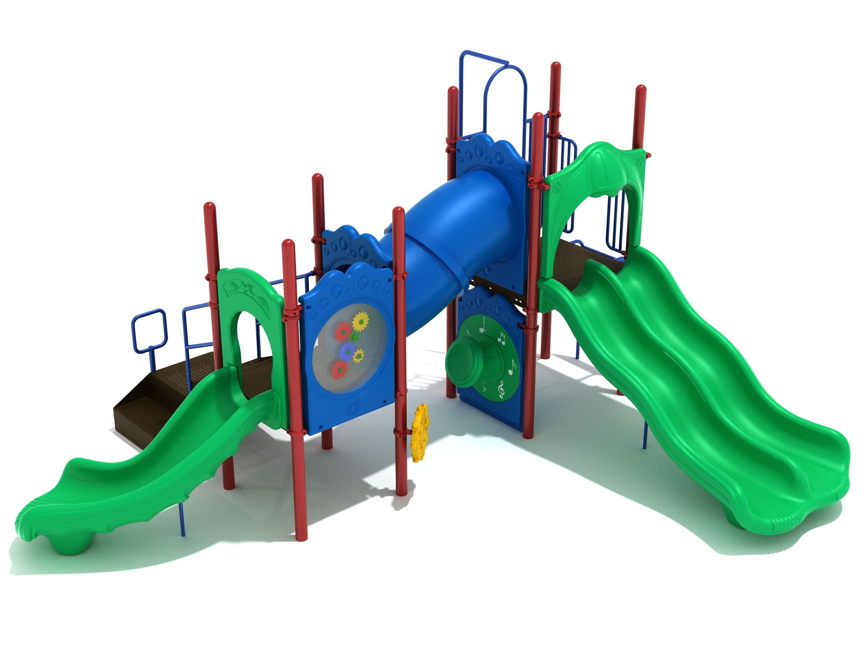 Colorful playground structure with two green slides, blue tube bridge, red poles, and interactive play panels.