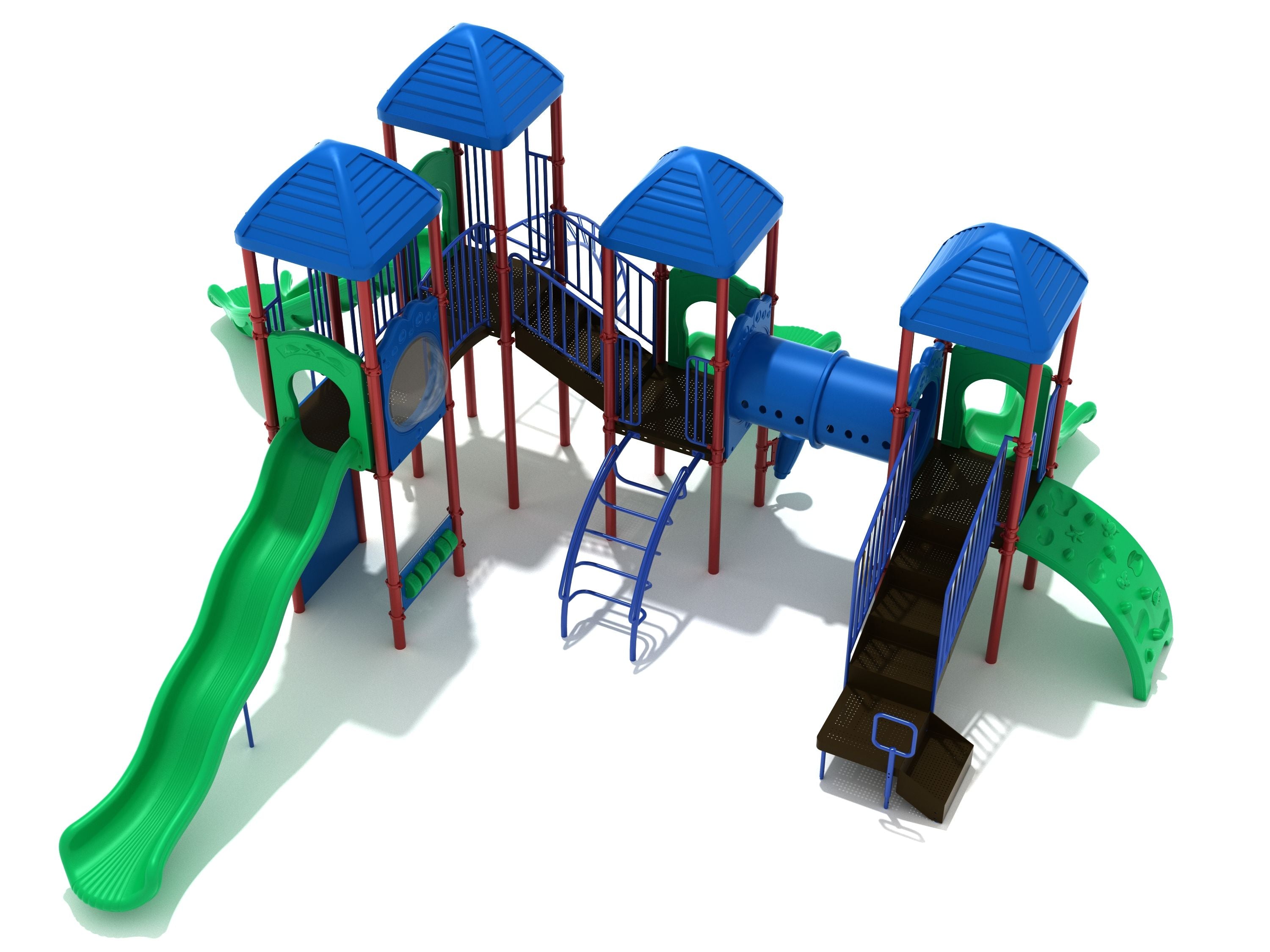 Colorful playground structure with blue roofs, green slides, tube bridge, sea creature climber, and climbing ladders for active play