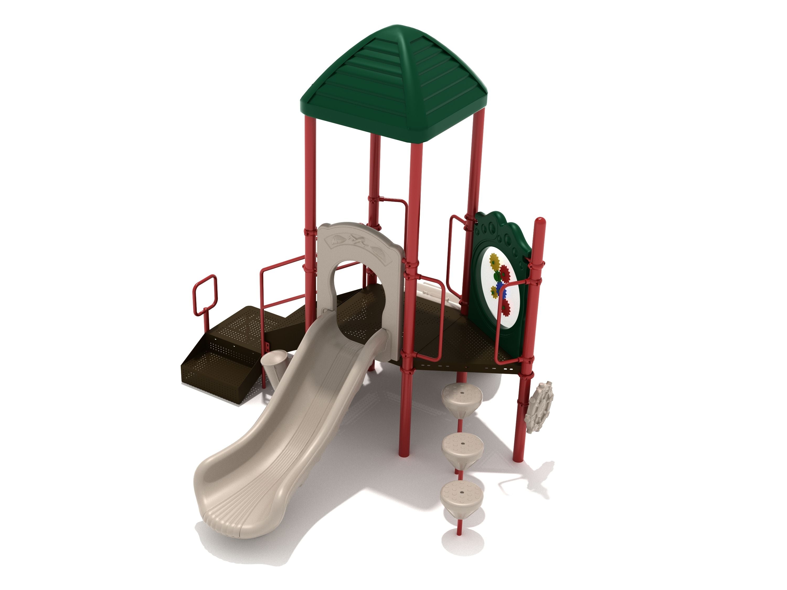 Compact playground structure with green roof, beige wave slide, red posts, gear panel, and stepping pods for active play