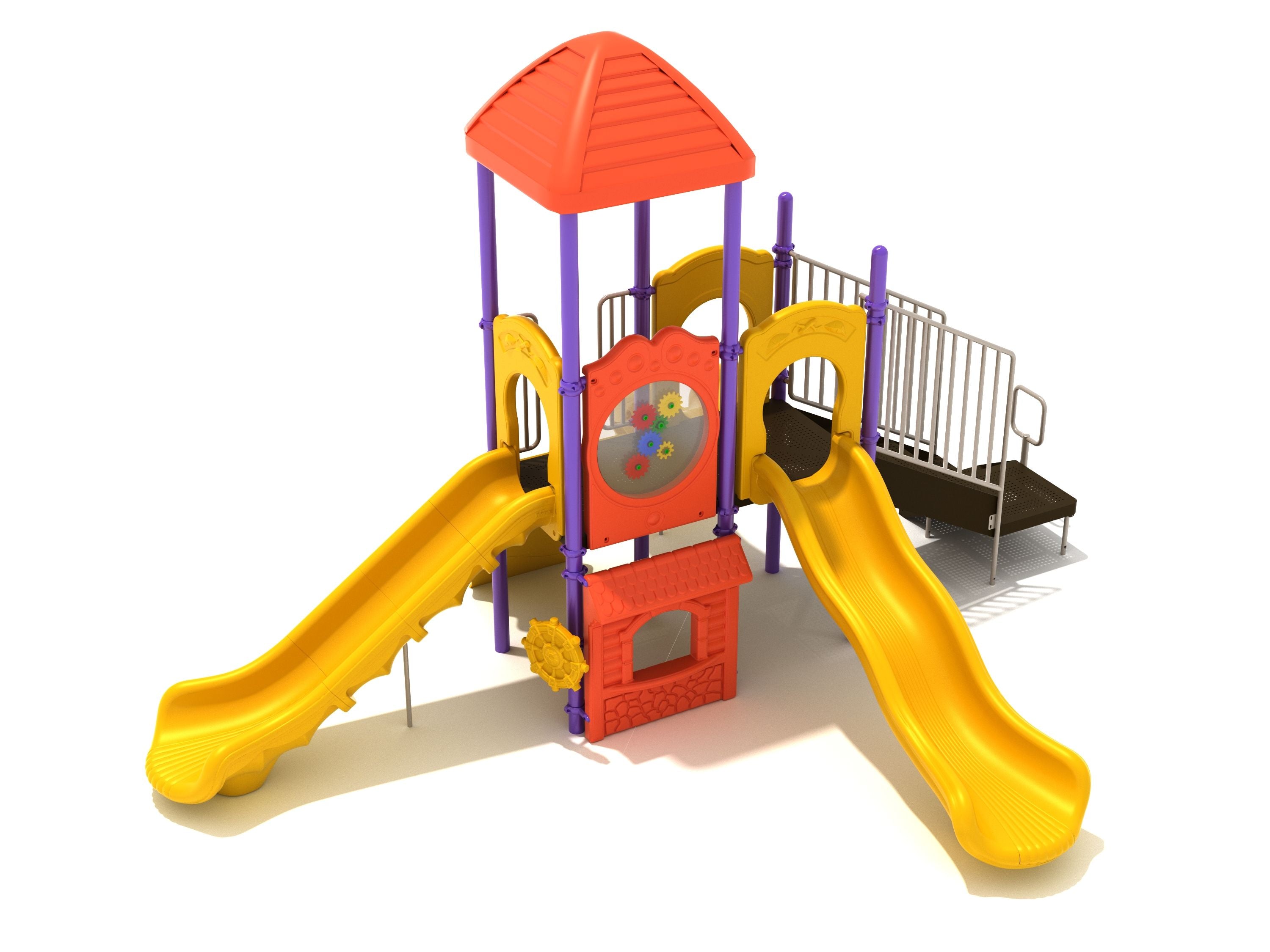 Colorful playground with two yellow slides, gear panel, ship’s wheel, and shaded platform with purple supports